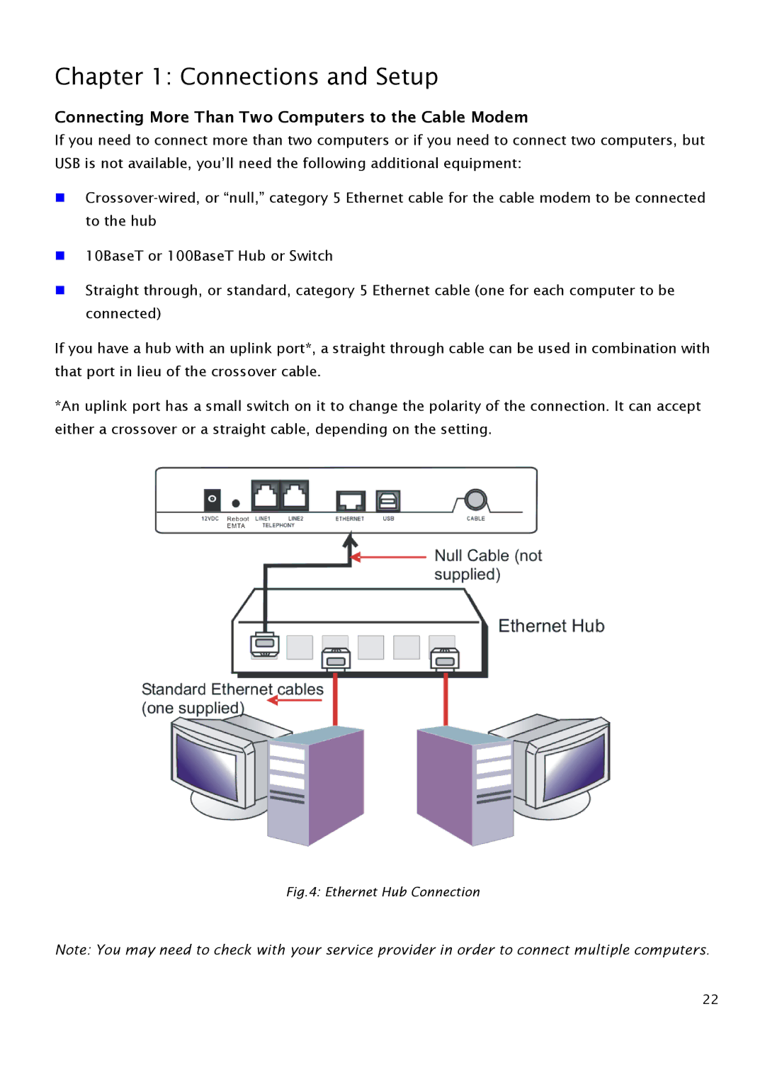 RCA THG540 user manual Connecting More Than Two Computers to the Cable Modem, Ethernet Hub Connection 