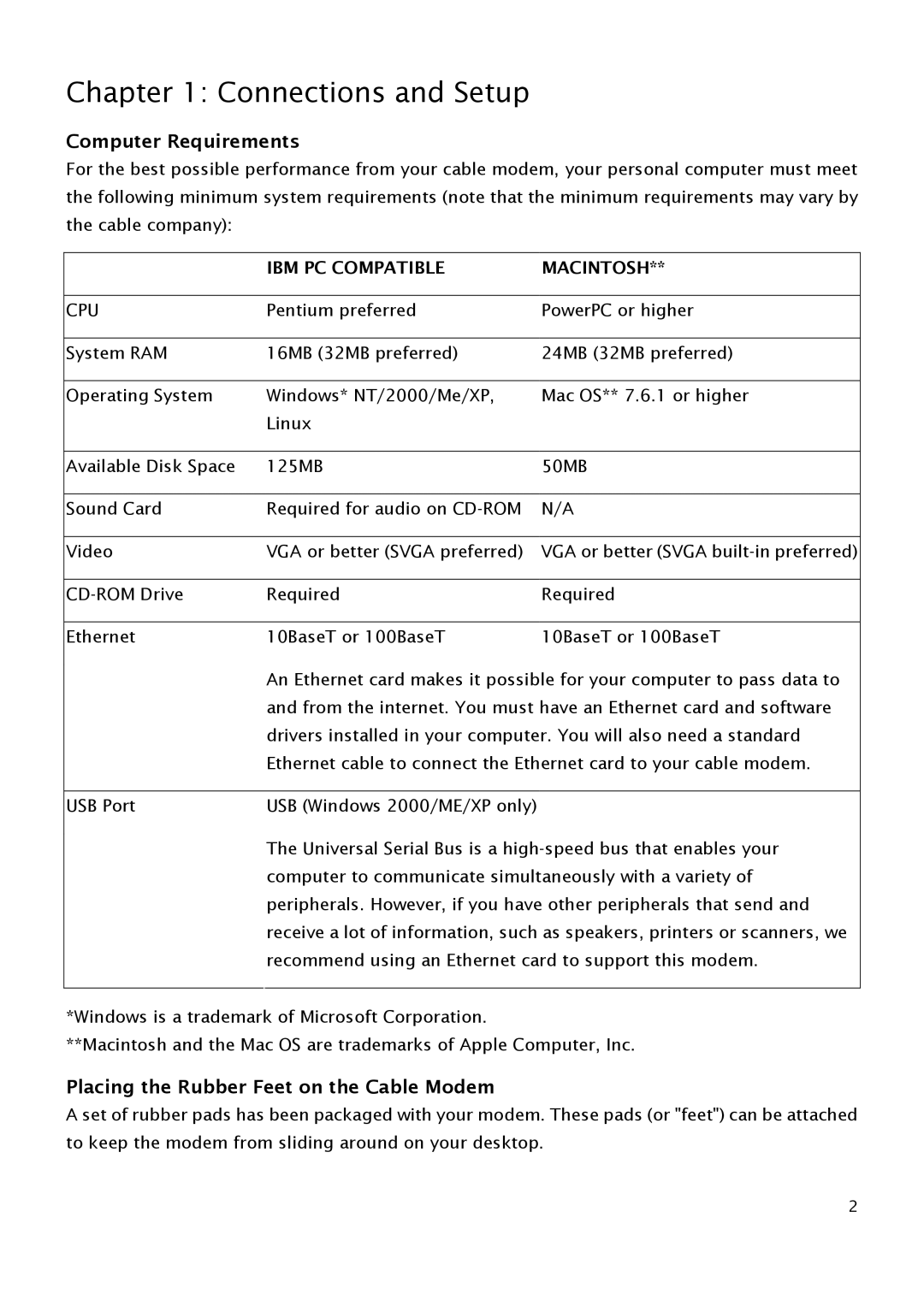 RCA THG540 user manual Computer Requirements, Placing the Rubber Feet on the Cable Modem 