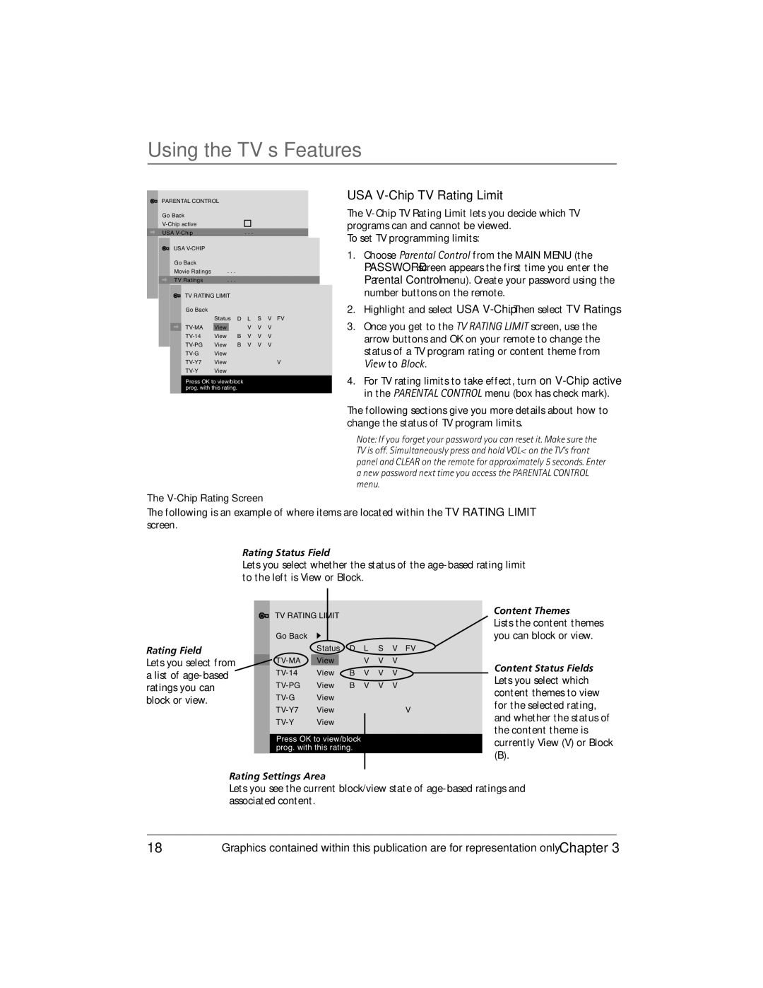 RCA Thomson manual USA V-Chip TV Rating Limit, V-Chip Rating Screen, Lists the content themes you can block or view 