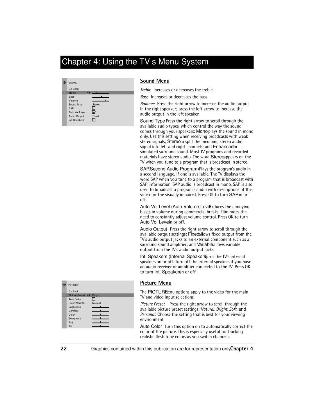 RCA Thomson manual Sound Menu, Picture Menu 