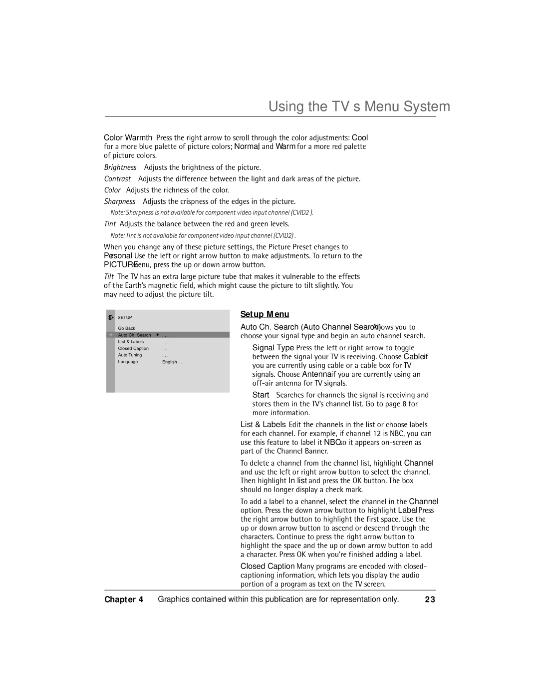 RCA Thomson manual Using the TV’s Menu System, Setup Menu 