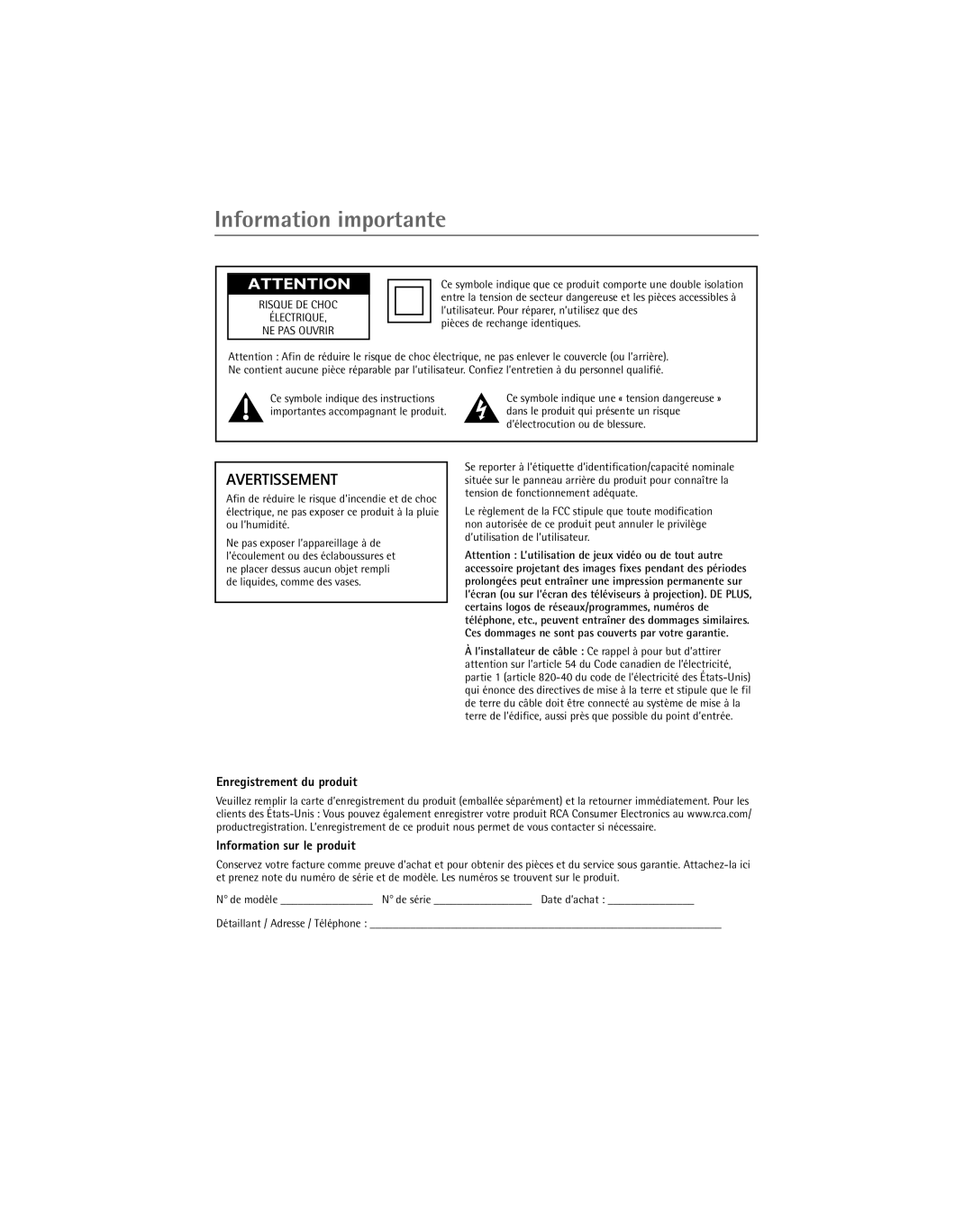 RCA Thomson manual Information importante, Enregistrement du produit Information sur le produit, Ƒlectrique 