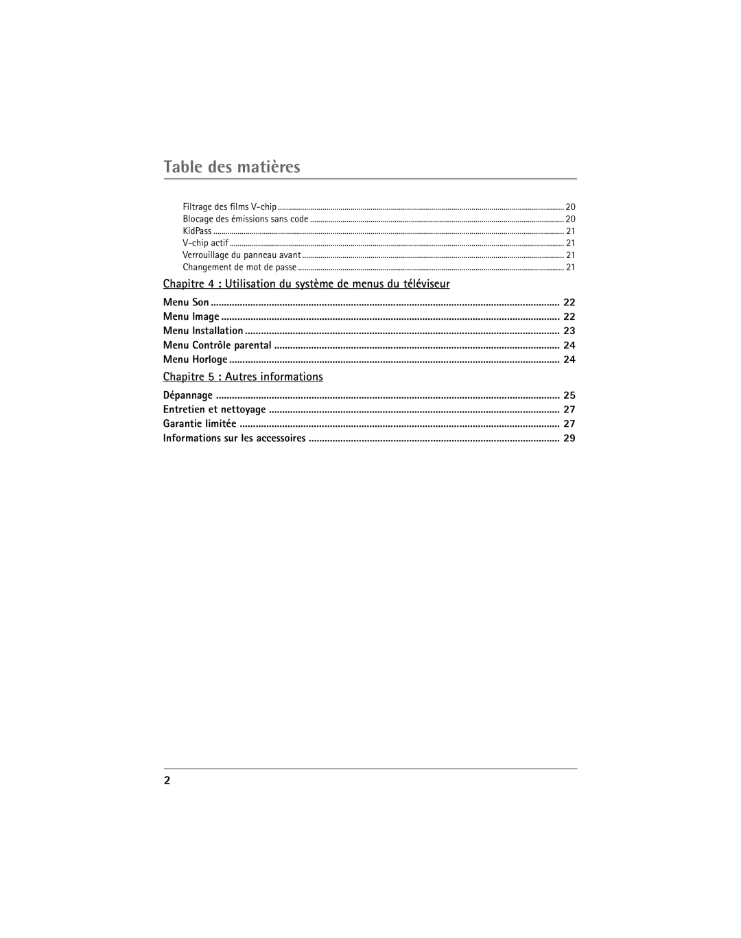 RCA Thomson Table des matires, Chapitre 4 Utilisation du système de menus du téléviseur, Chapitre 5 Autres informations 