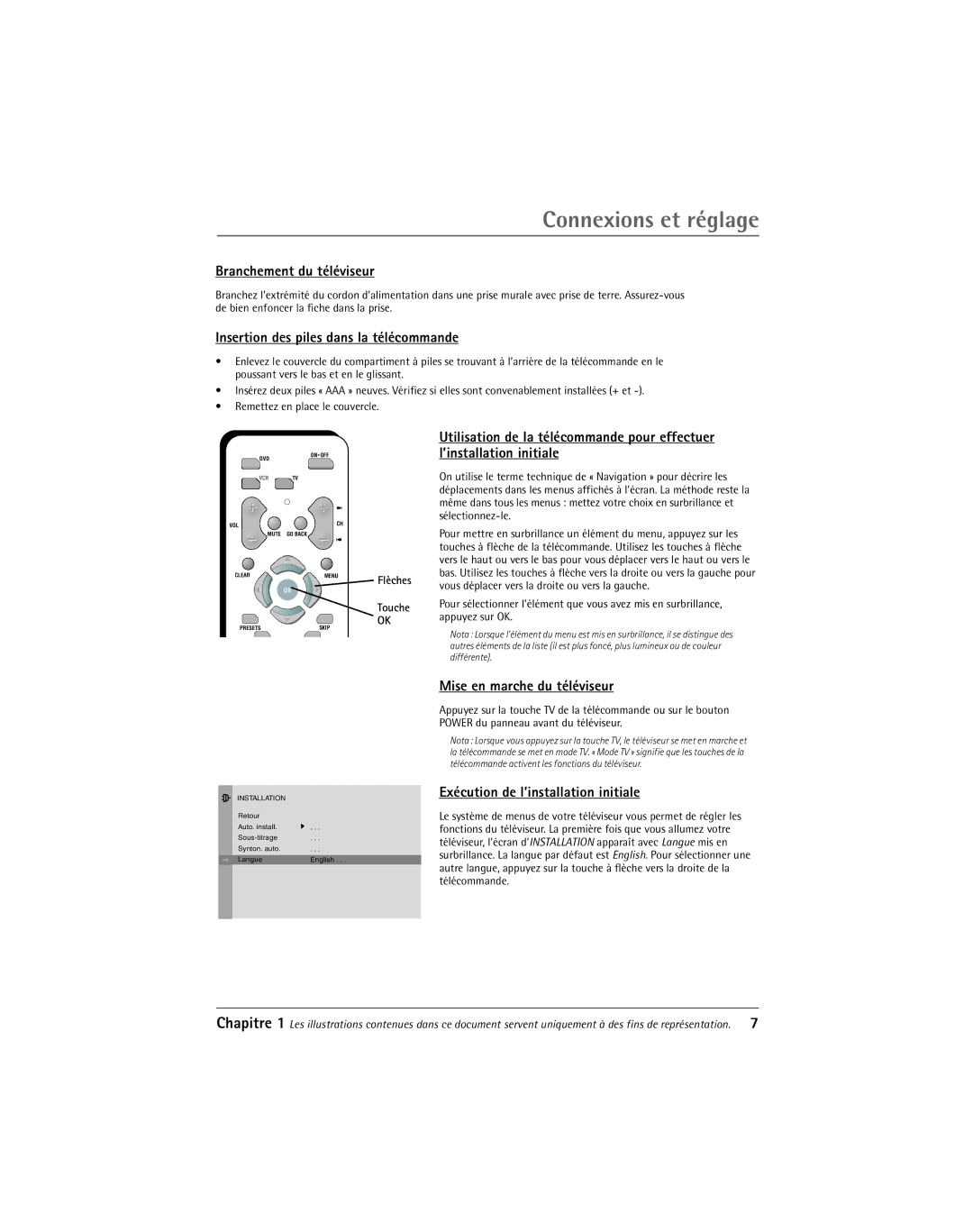 RCA Thomson manual Branchement du tŽlŽviseur, Insertion des piles dans la tŽlŽcommande, Mise en marche du tŽlŽviseur 