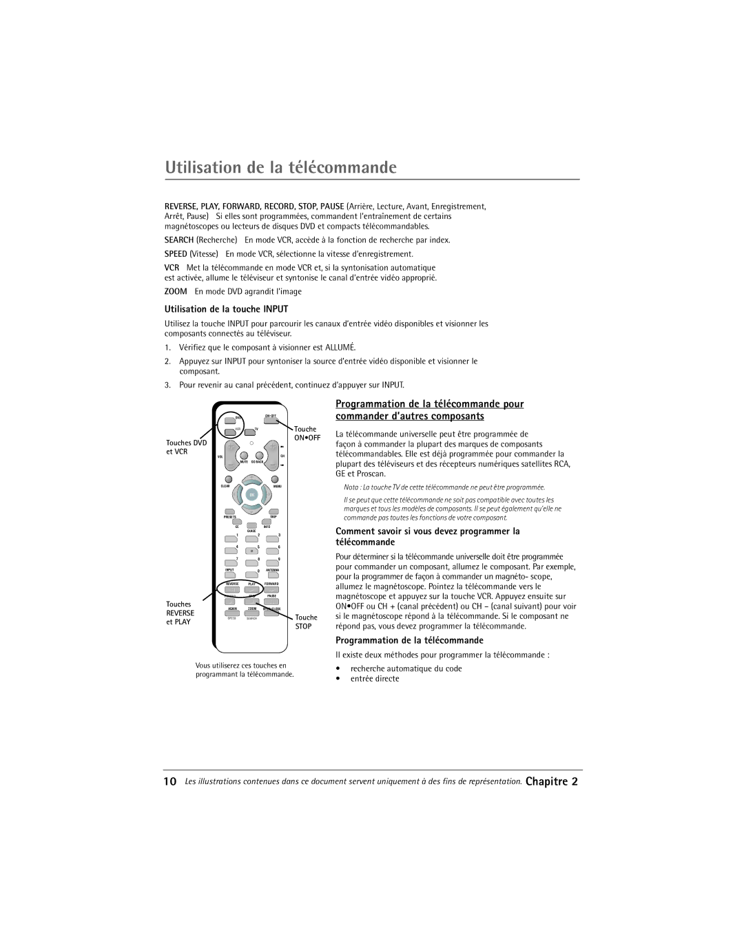 RCA Thomson manual Utilisation de la tŽlŽcommande, Utilisation de la touche Input, Programmation de la tŽlŽcommande 