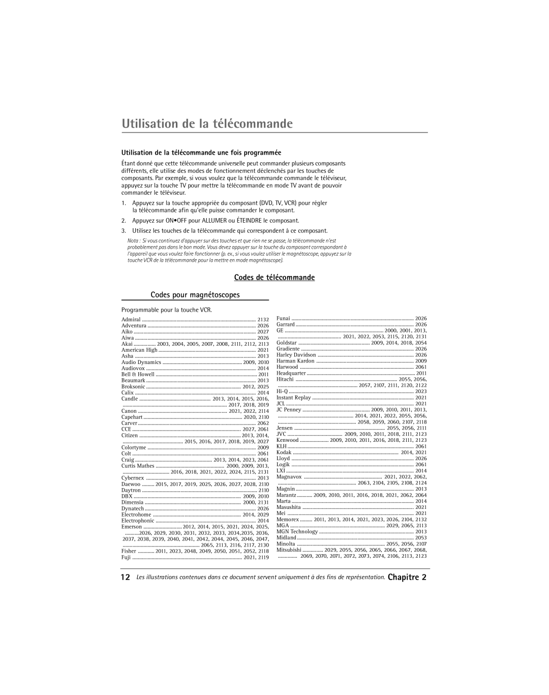 RCA Thomson manual Codes de tŽlŽcommande Codes pour magnétoscopes, Utilisation de la tŽlŽcommande une fois programmŽe 