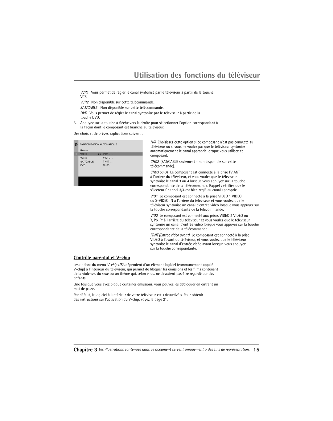 RCA Thomson manual Utilisation des fonctions du tŽlŽviseur, Contrle parental et V-chip 