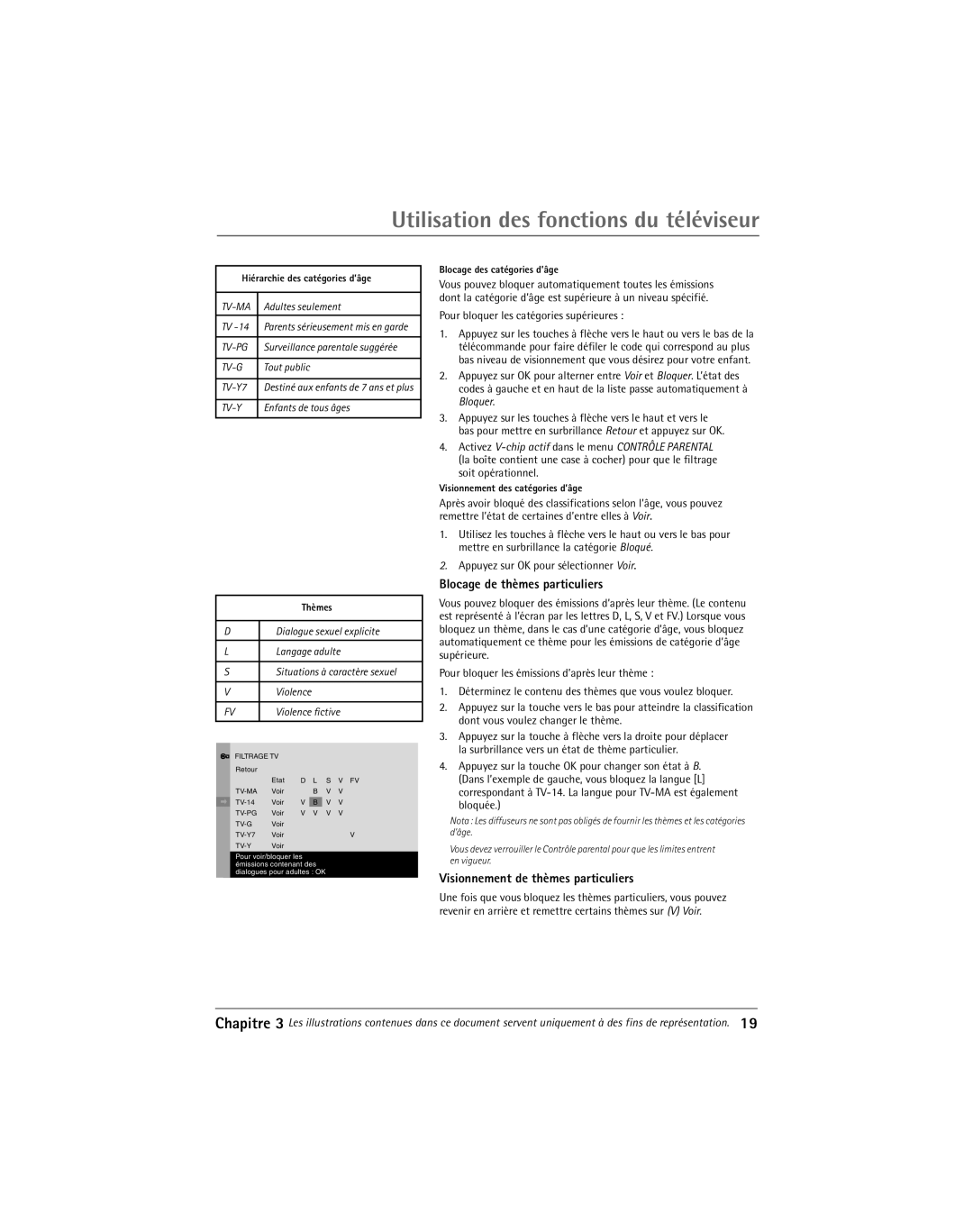 RCA Thomson Blocage de thmes particuliers, Visionnement de thmes particuliers, Pour bloquer les catŽgories supŽrieures 