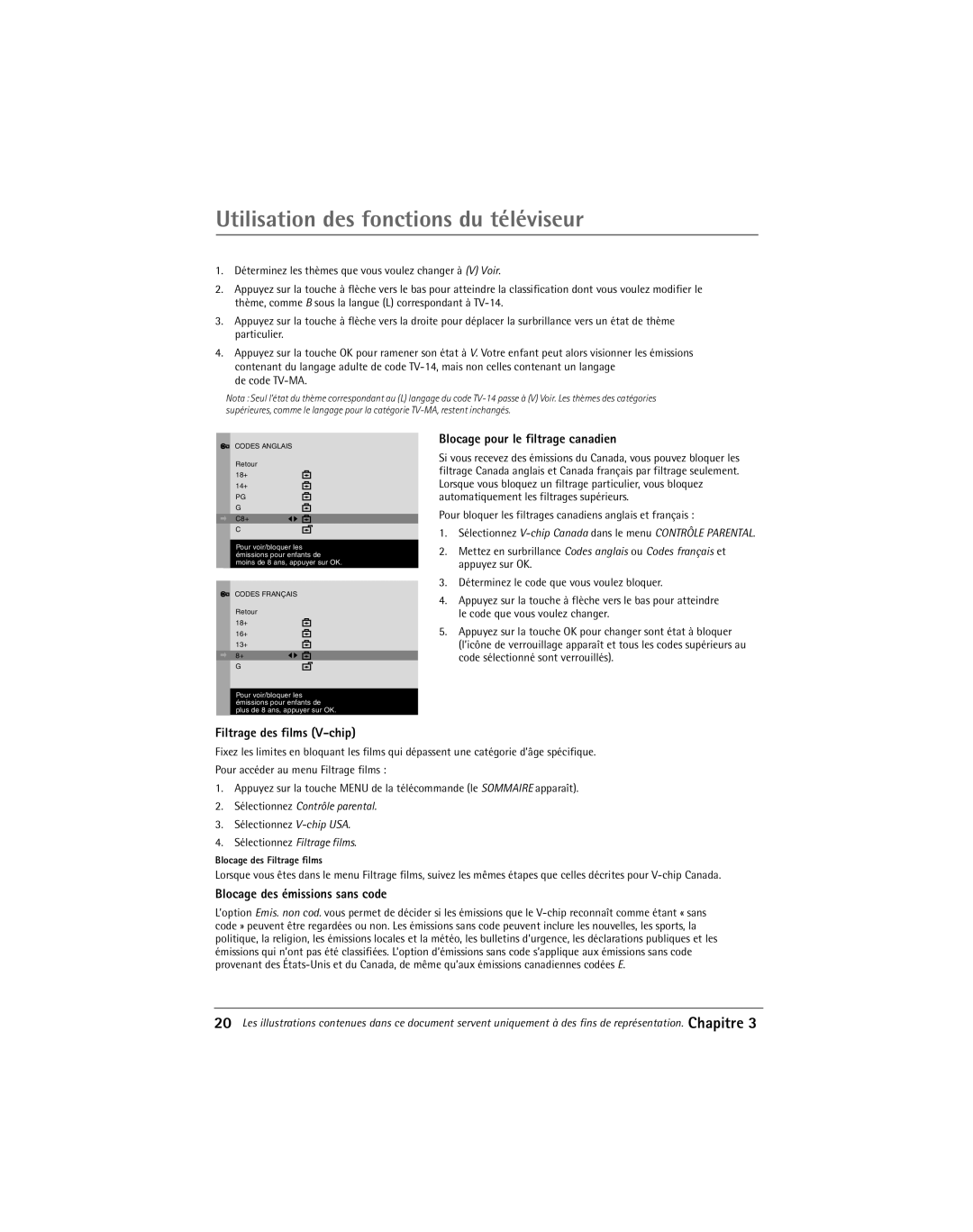 RCA Thomson Filtrage des films V-chip Blocage pour le filtrage canadien, Blocage des Žmissions sans code, De code TV-MA 