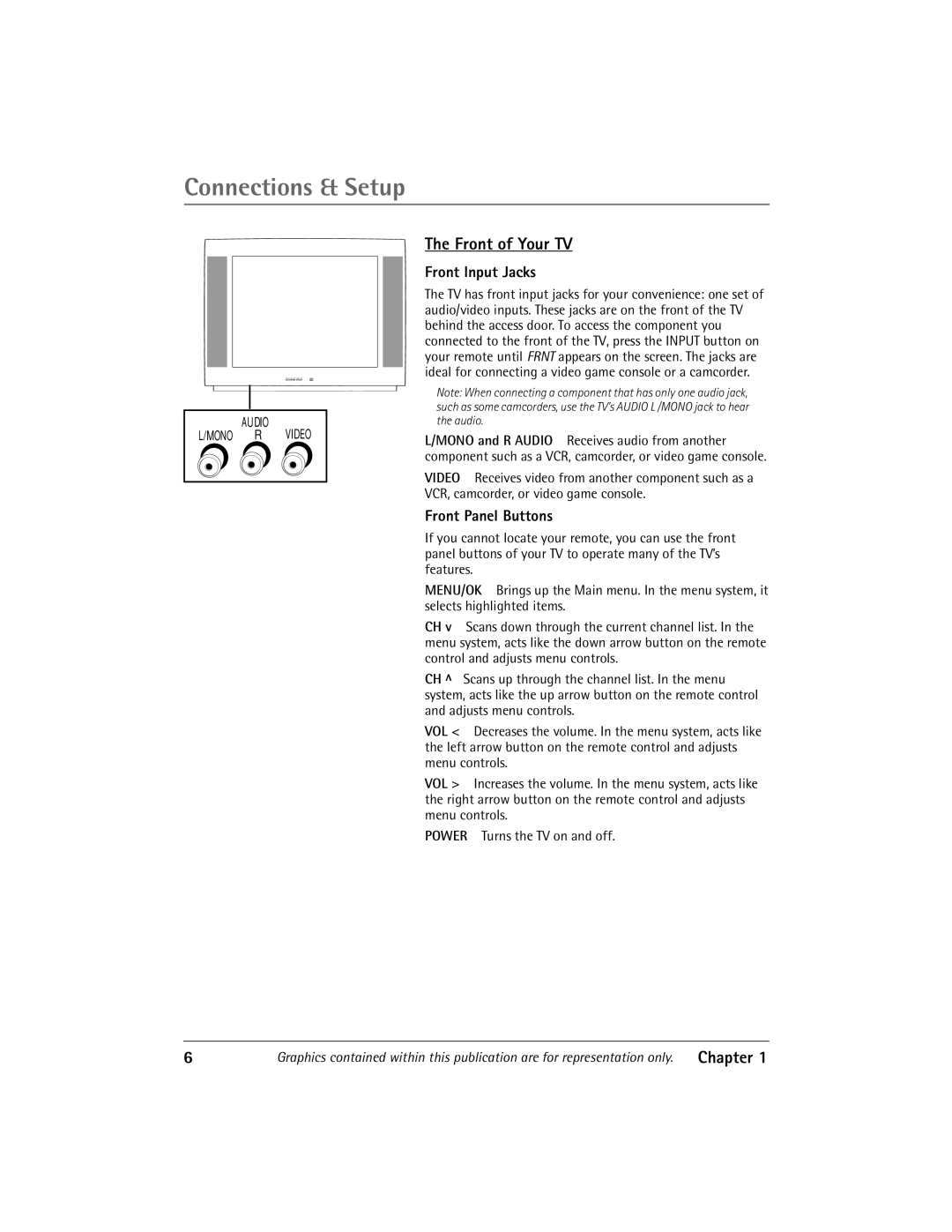 RCA Thomson manual Front of Your TV, Front Input Jacks, Front Panel Buttons, Scans up through the channel list. In the menu 