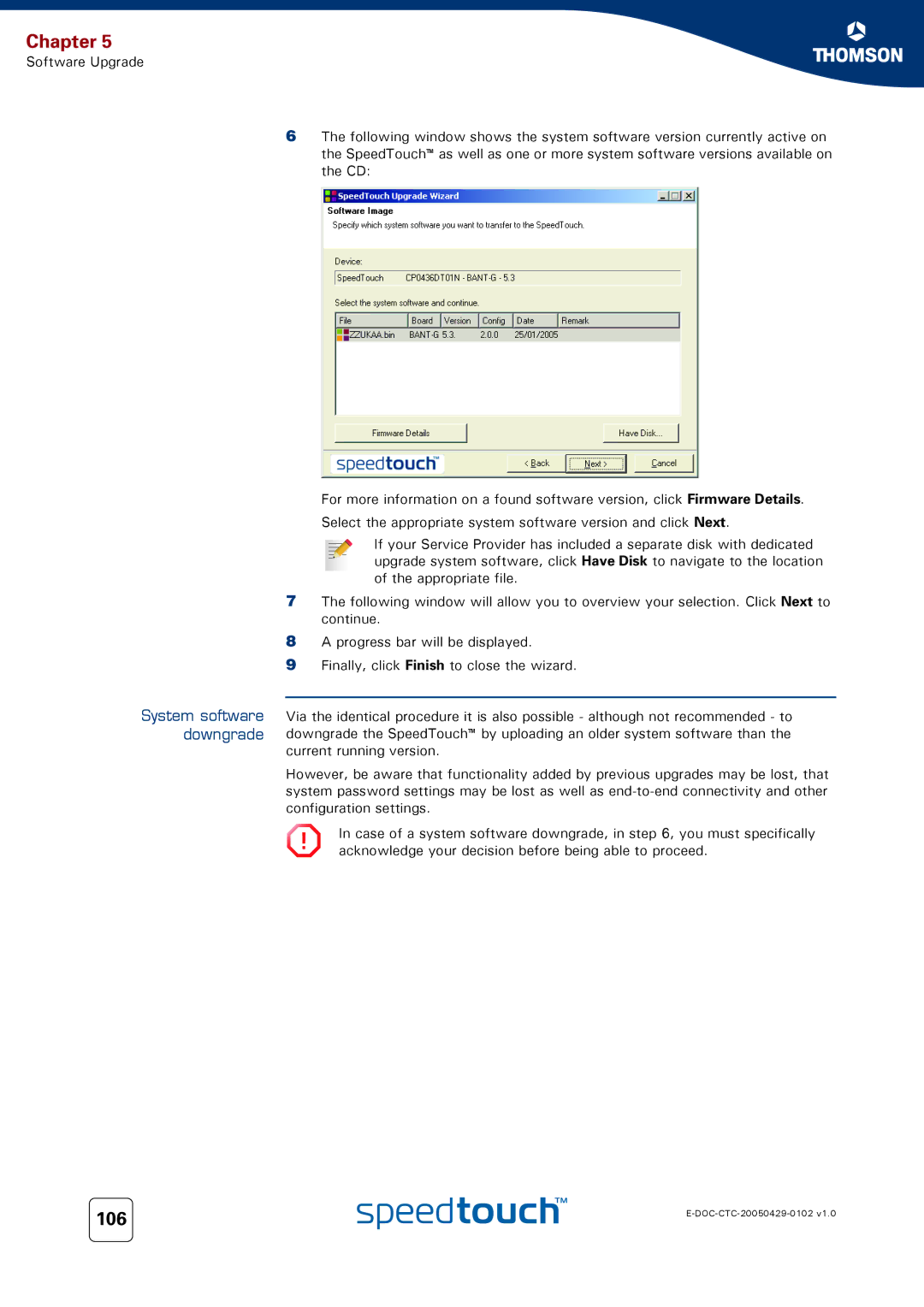 RCA TM580 manual 106, System software downgrade 