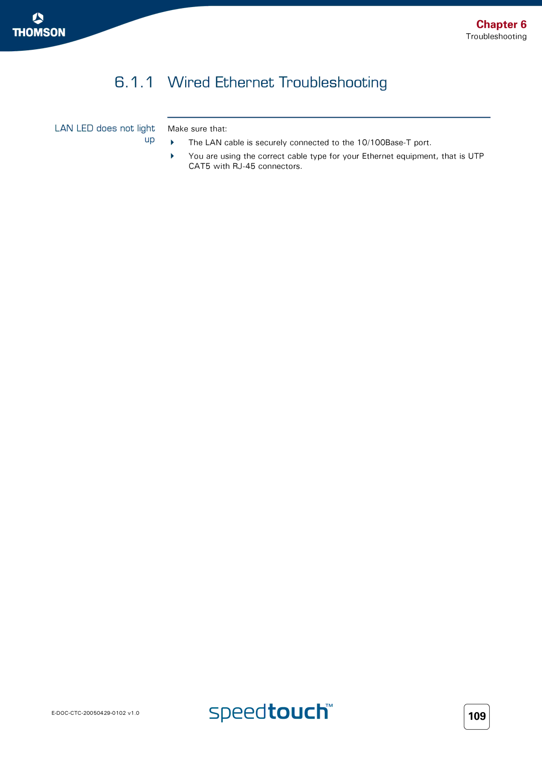 RCA TM580 manual Wired Ethernet Troubleshooting, LAN LED does not light up 