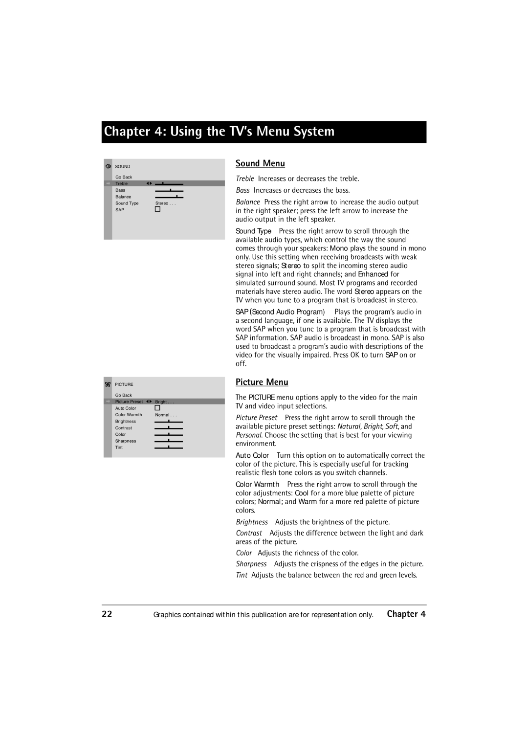 RCA TOCOM 1616332A manual Sound Menu, Picture Menu 