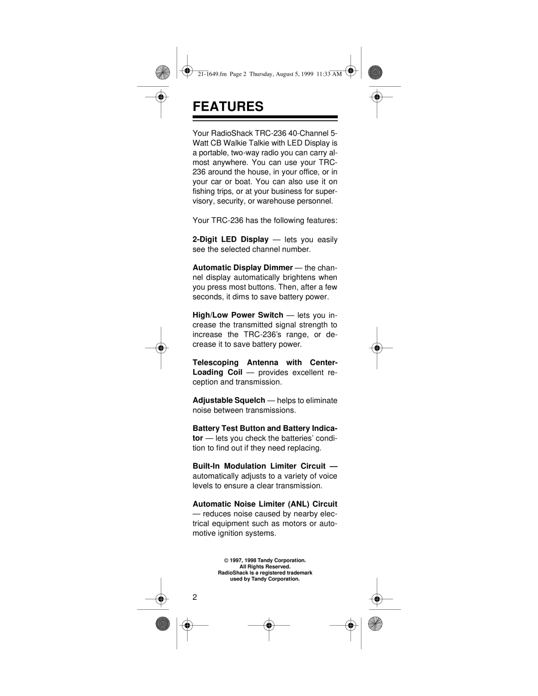 RCA TRC-236 owner manual Features, Automatic Noise Limiter ANL Circuit 