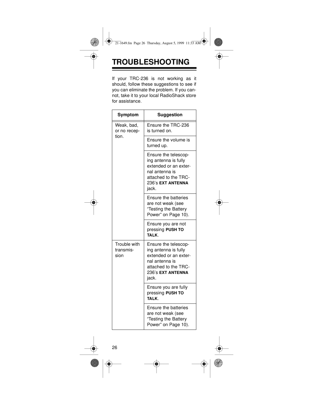 RCA TRC-236 owner manual Troubleshooting, Symptom Suggestion 