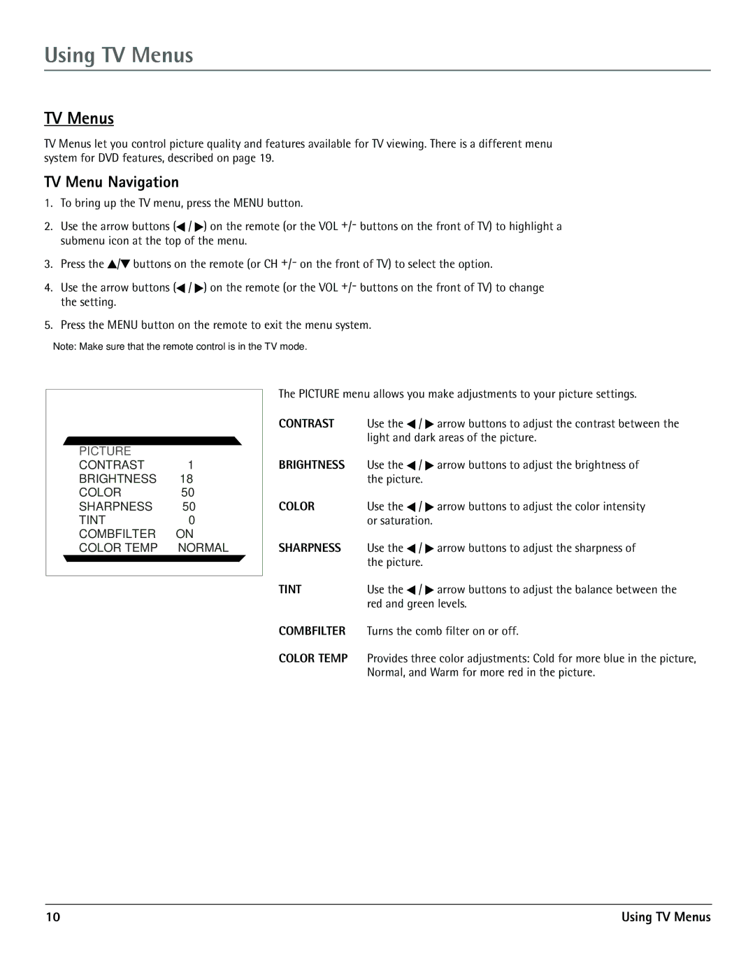 RCA TV/DVD manual Using TV Menus, TV Menu Navigation 