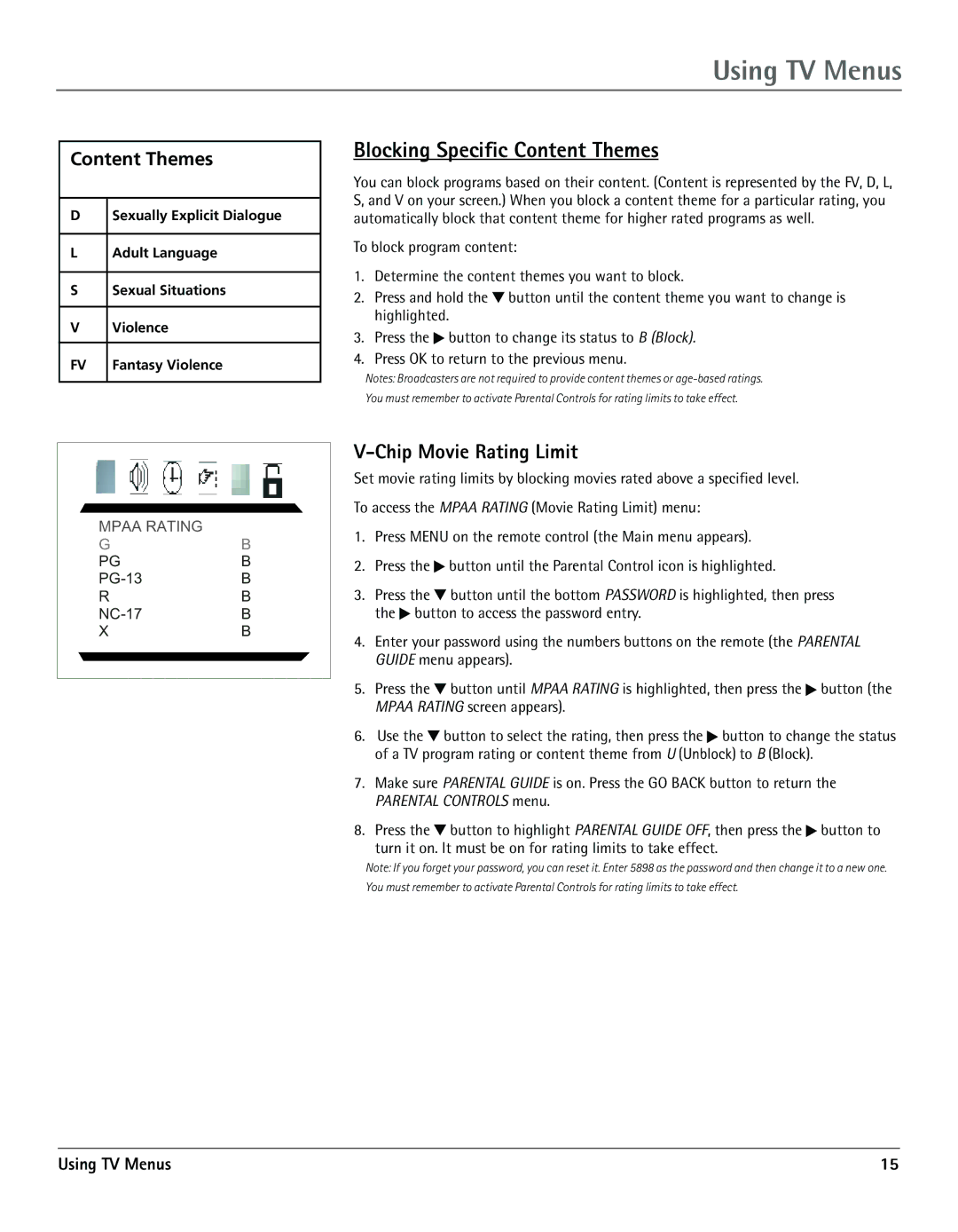 RCA TV/DVD manual Blocking Specific Content Themes, Chip Movie Rating Limit 