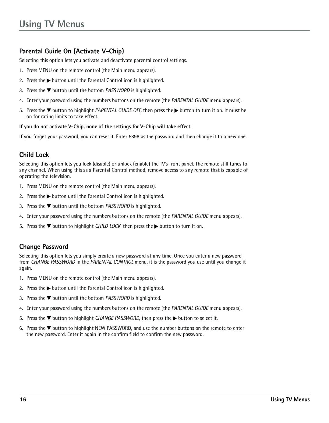 RCA TV/DVD manual Parental Guide On Activate V-Chip, Child Lock, Change Password 