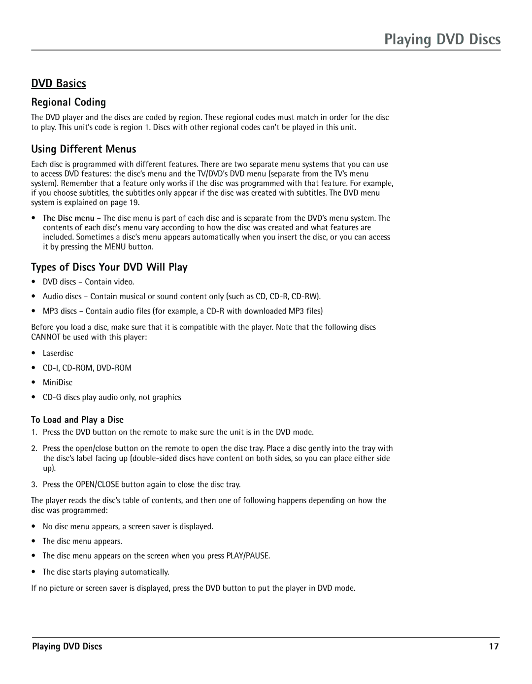 RCA TV/DVD manual Playing DVD Discs, DVD Basics, Regional Coding, Using Different Menus, Types of Discs Your DVD Will Play 
