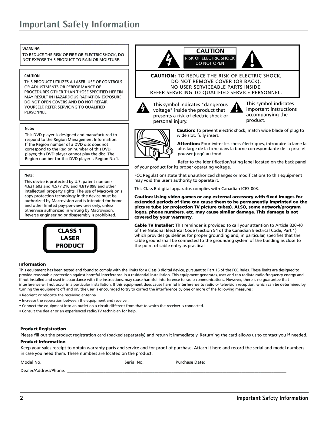 RCA TV/DVD manual Important Safety Information, Class Laser Product 