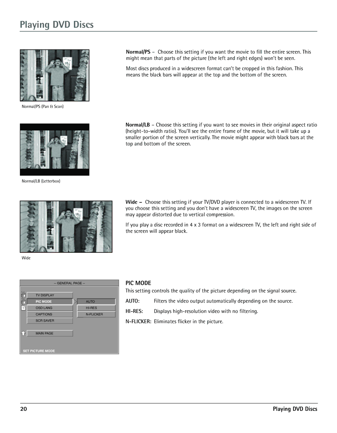 RCA TV/DVD manual PIC Mode, Wide 