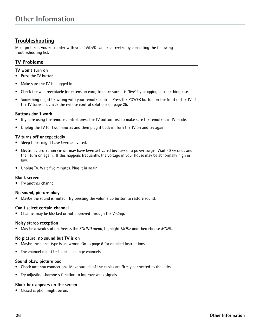 RCA TV/DVD manual Troubleshooting, TV Problems 