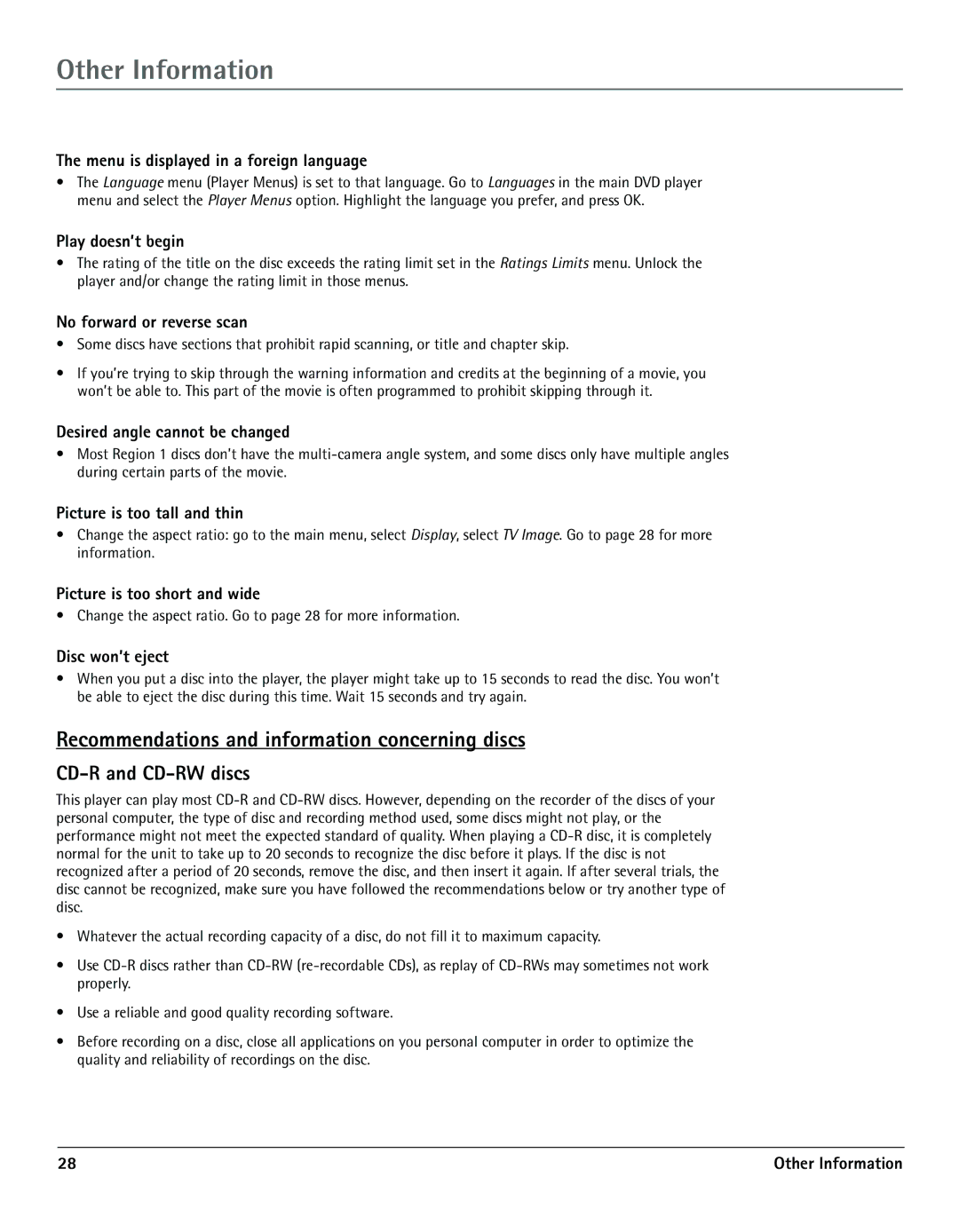 RCA TV/DVD manual Recommendations and information concerning discs, CD-R and CD-RW discs 