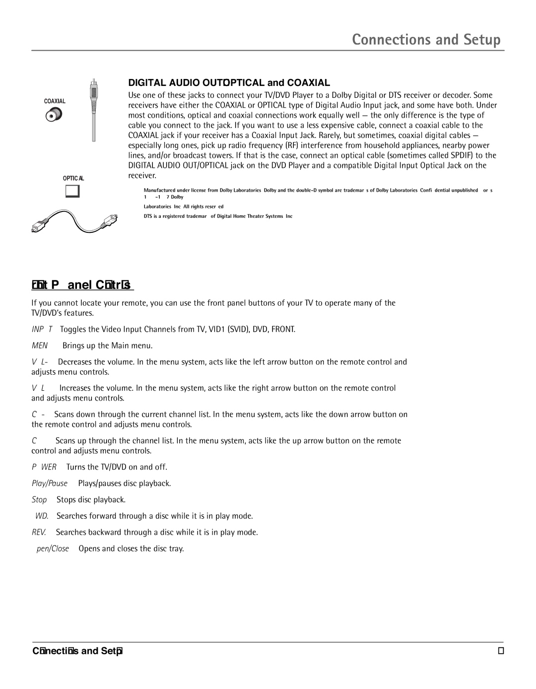 RCA TV/DVD manual Front Panel Controls, Digital Audio OUT/OPTICAL and Coaxial, Connections and Setup 