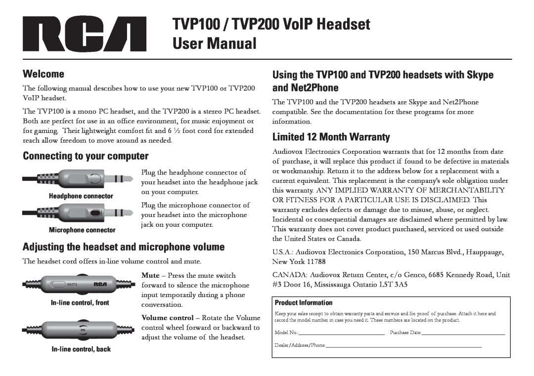 RCA TVP100, TVP200 warranty Welcome, Connecting to your computer, Limited 12 Month Warranty 