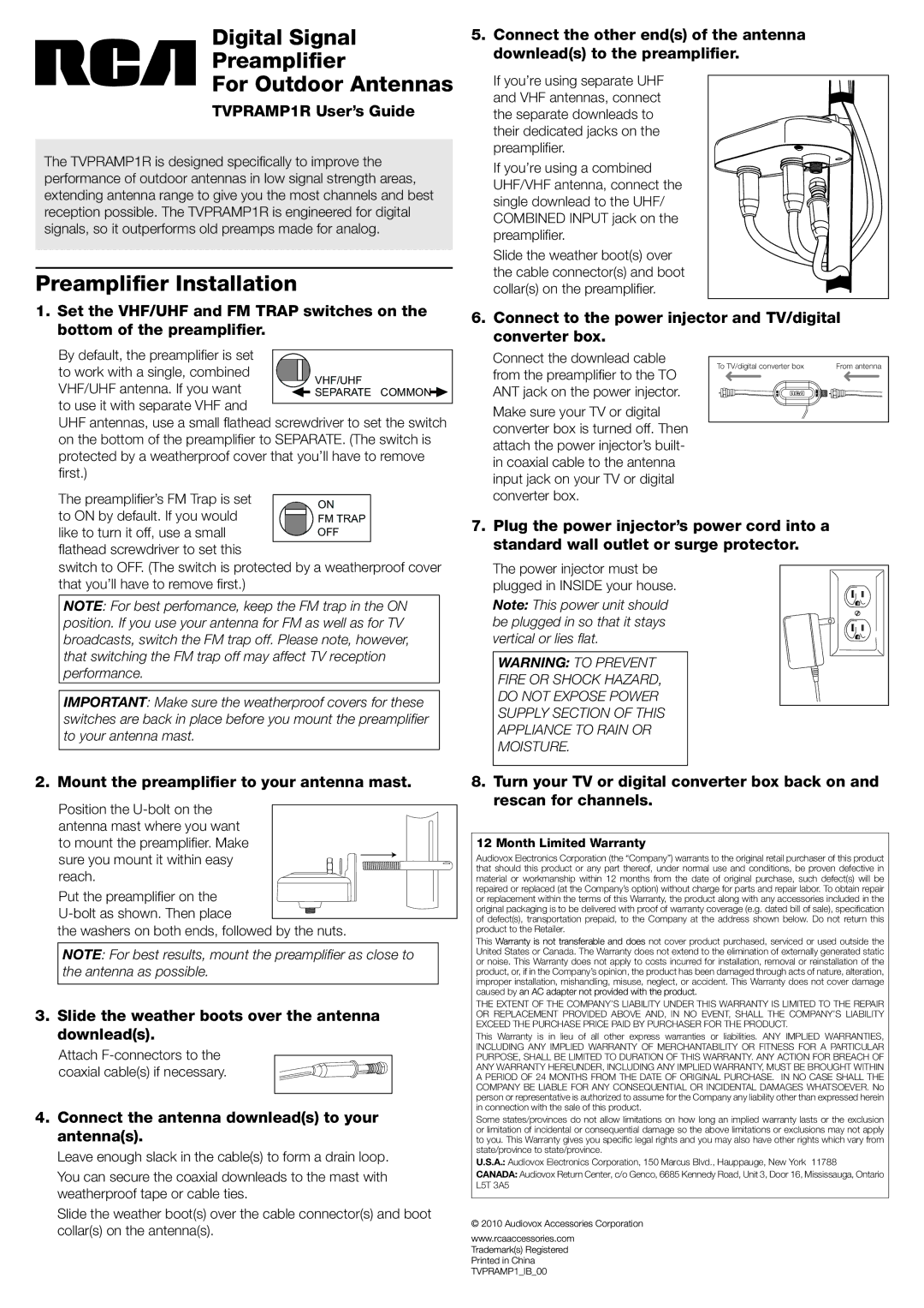 RCA TVPRAMP1R warranty Digital Signal Preamplifier For Outdoor Antennas, Preamplifier Installation 