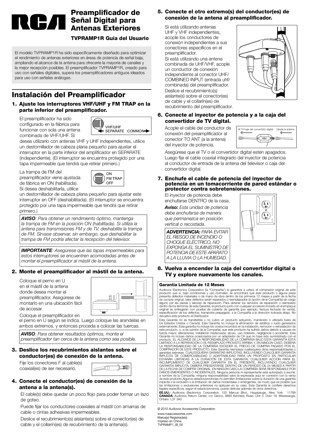 RCA TVPRAMP1R warranty Preamplificador de Señal Digital para Antenas Exteriores, Instalación del Preamplificador 