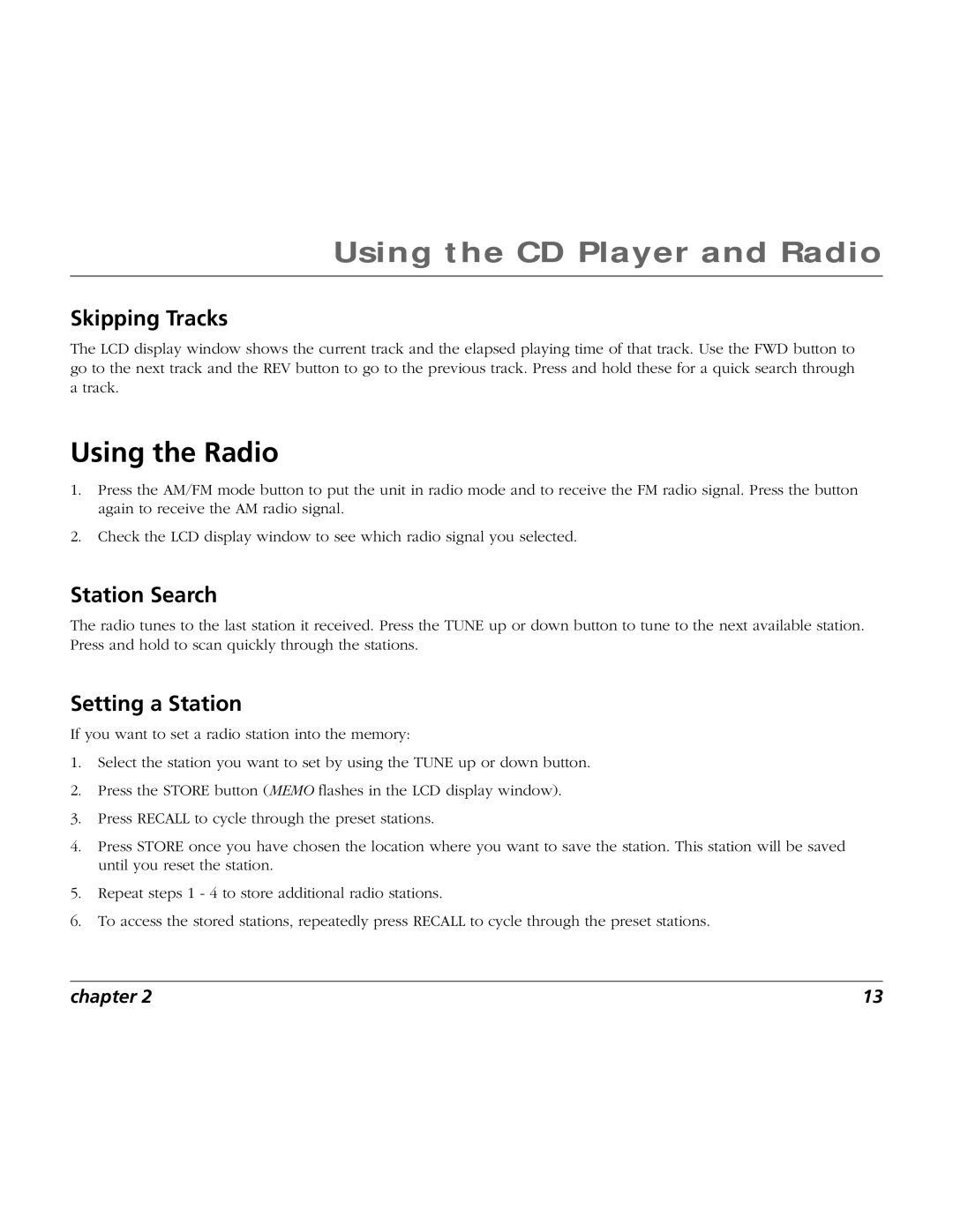 RCA TV/Radio/CD Player user manual Using the Radio, Skipping Tracks, Station Search, Setting a Station 