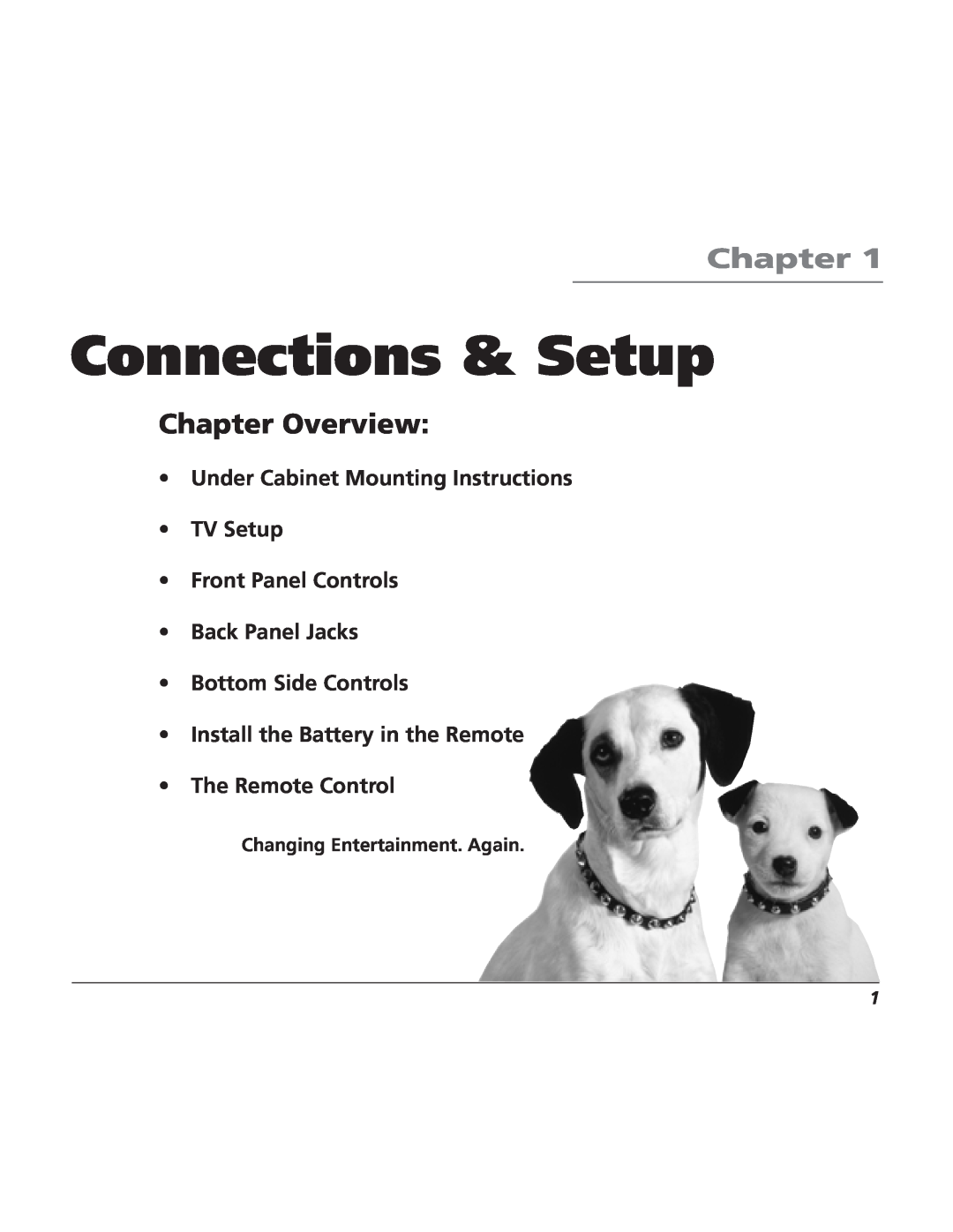 RCA TV/Radio/CD Player user manual Connections & Setup, Chapter Overview, Under Cabinet Mounting Instructions TV Setup 