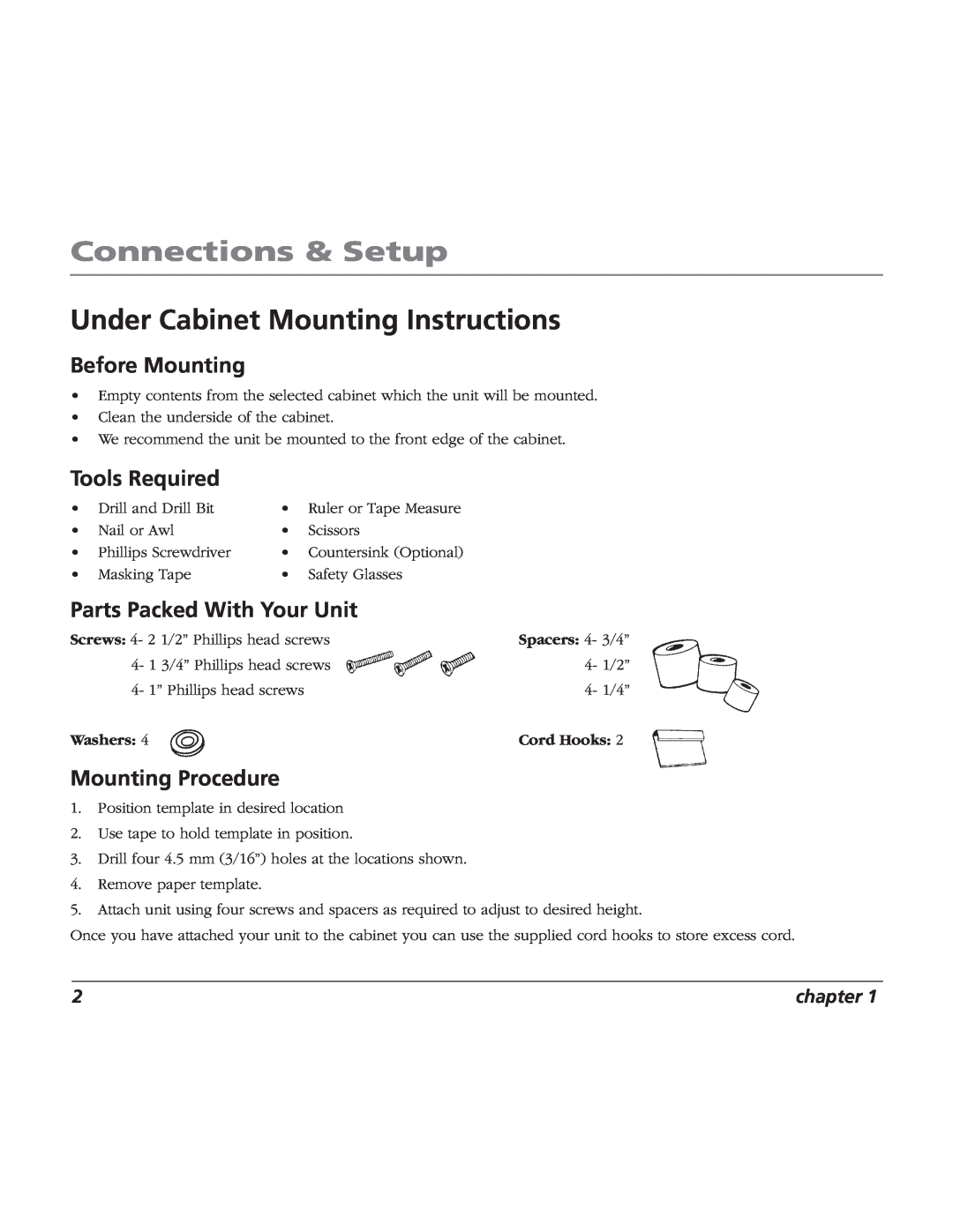 RCA TV/Radio/CD Player Connections & Setup, Under Cabinet Mounting Instructions, Before Mounting, Tools Required, chapter 