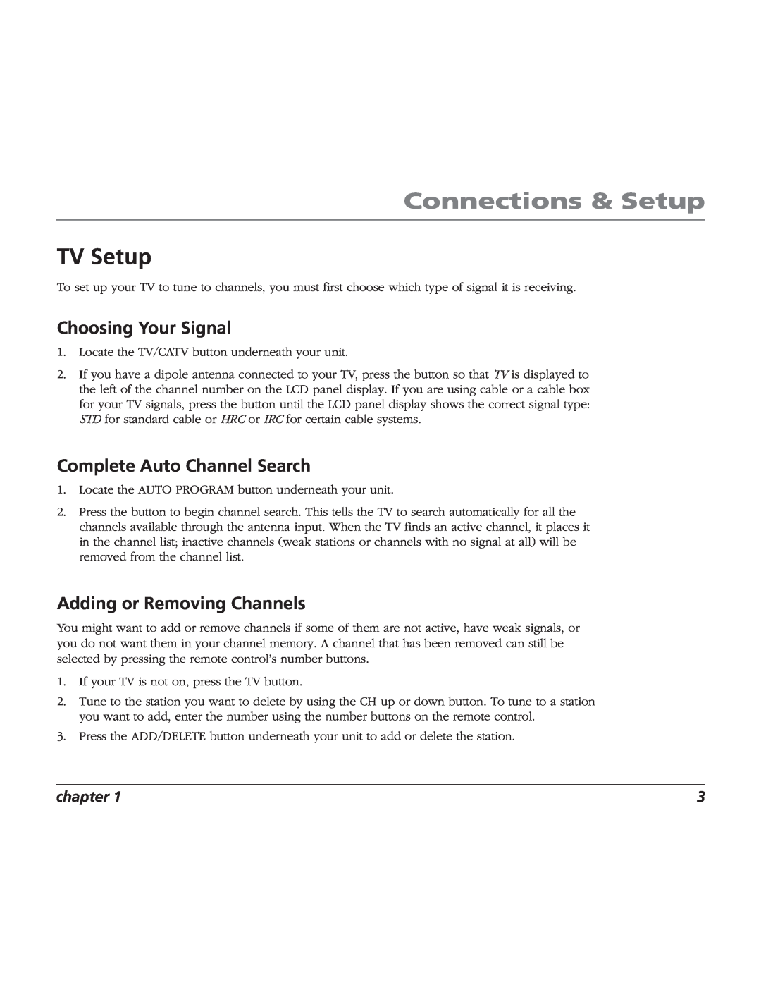 RCA TV/Radio/CD Player TV Setup, Choosing Your Signal, Complete Auto Channel Search, Adding or Removing Channels, chapter 