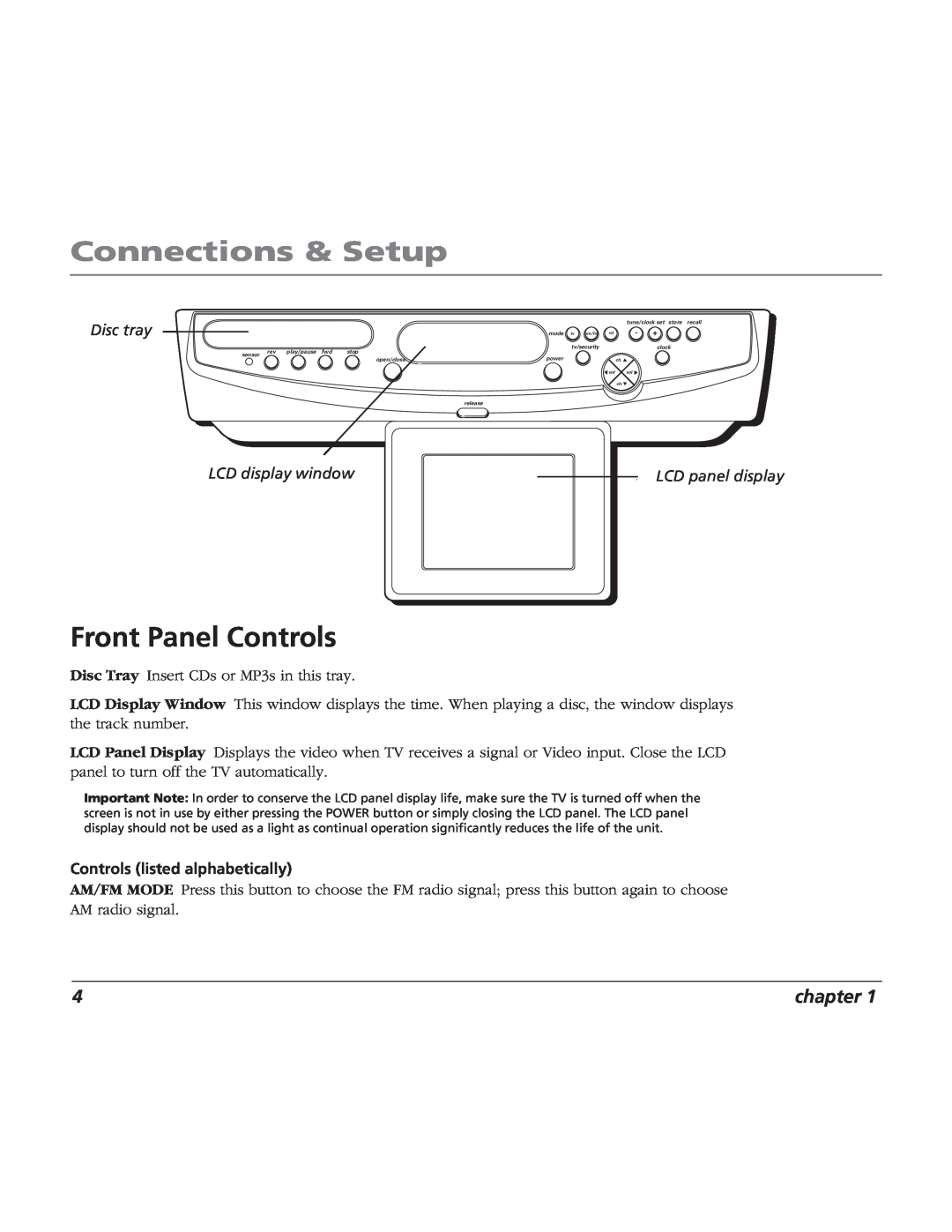 RCA TV/Radio/CD Player Front Panel Controls, Disc tray, LCD display window, LCD panel display, Connections & Setup 