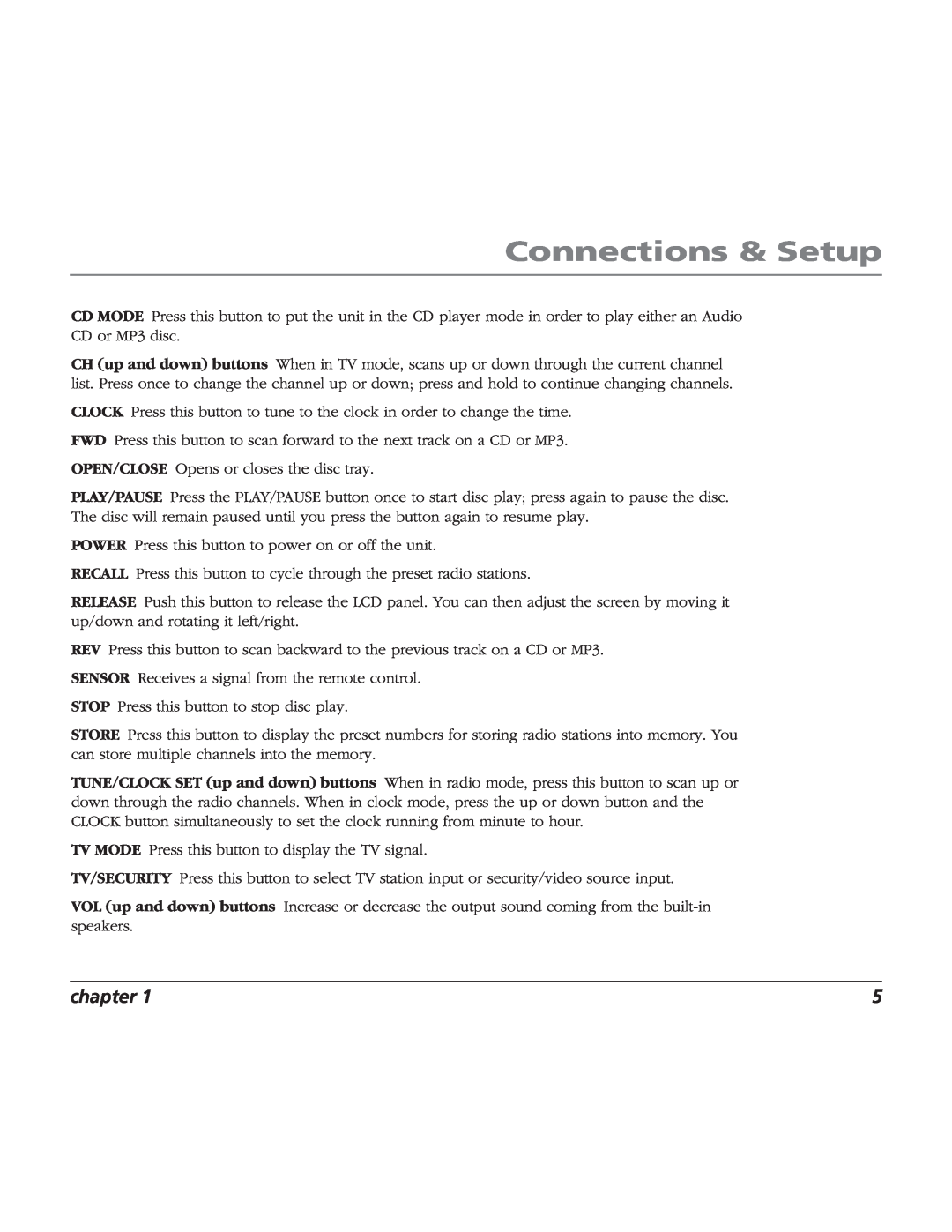 RCA TV/Radio/CD Player user manual Connections & Setup, chapter 