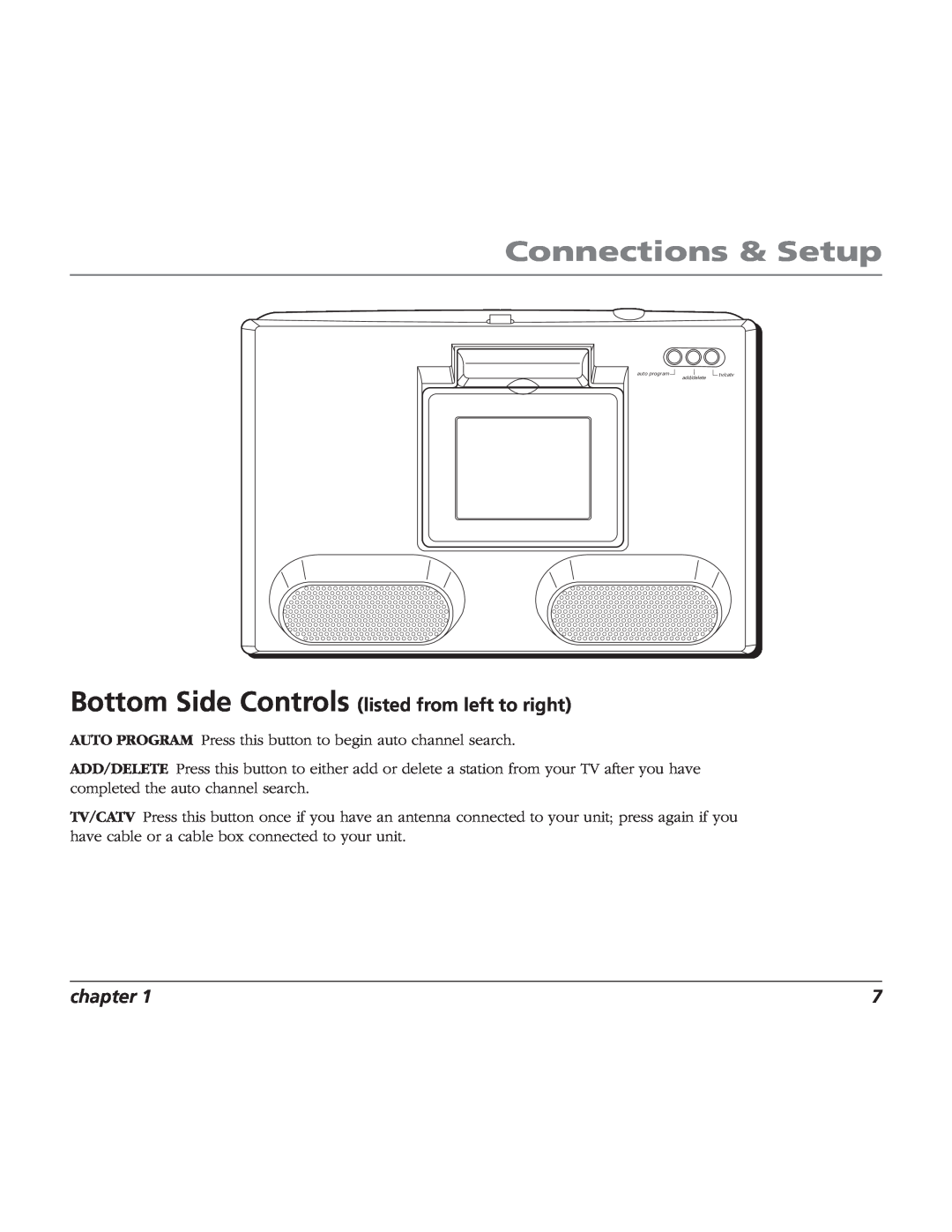 RCA TV/Radio/CD Player user manual Bottom Side Controls listed from left to right, Connections & Setup, chapter 
