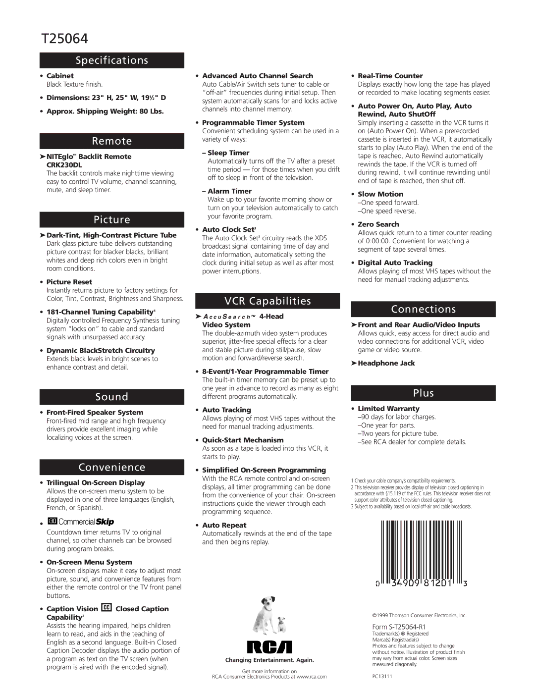 RCA TV/VCR Combo manual Specifications, Remote, Picture, Sound, Convenience, VCR Capabilities, Connections, Plus 