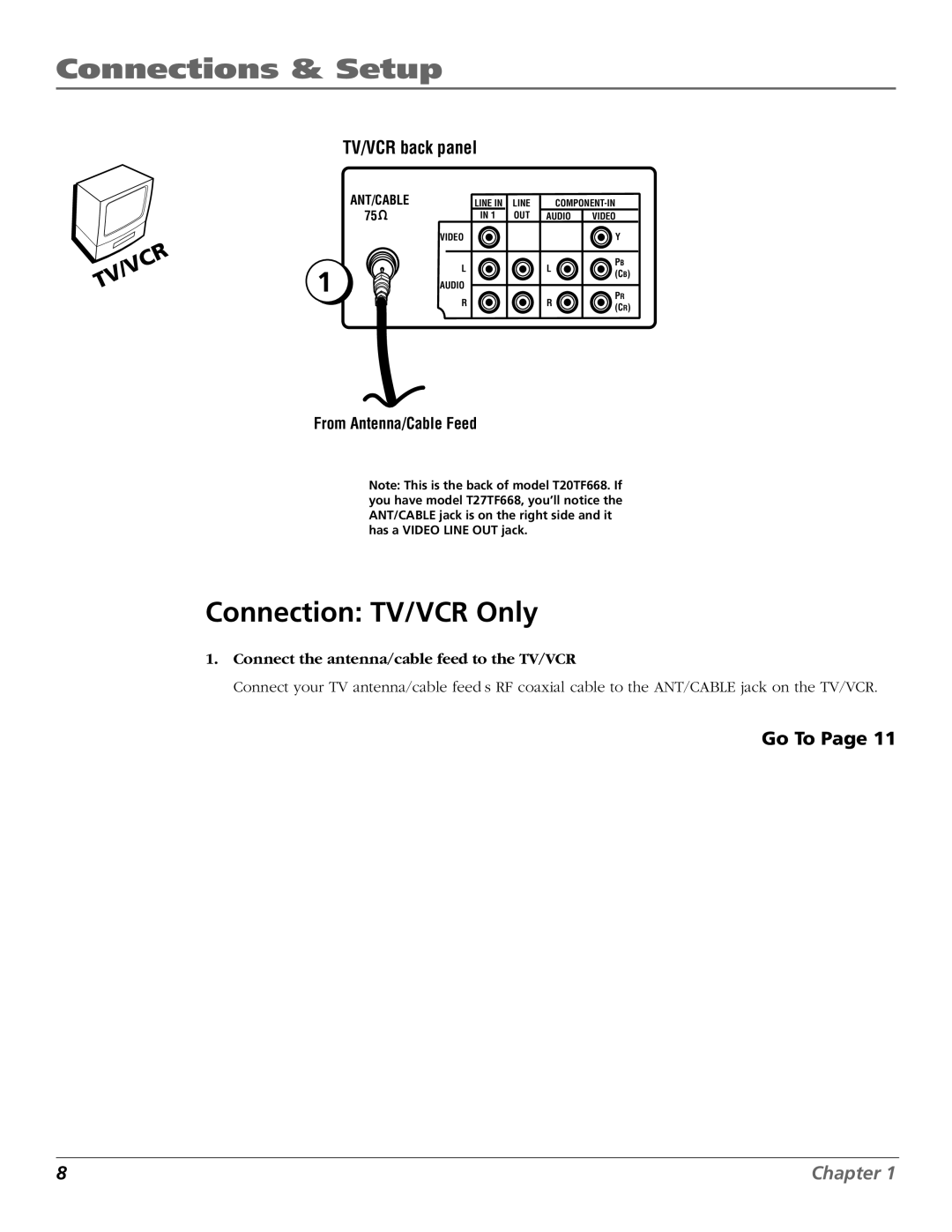 RCA manual Connection TV/VCR Only, Go To, Connect the antenna/cable feed to the TV/VCR 