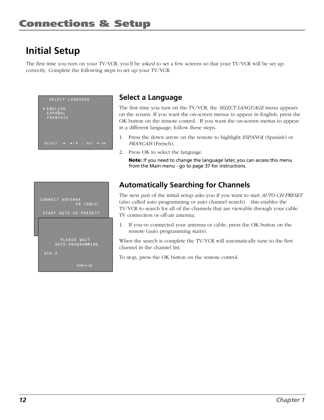 RCA TV/VCR manual Initial Setup, Select a Language, Automatically Searching for Channels 