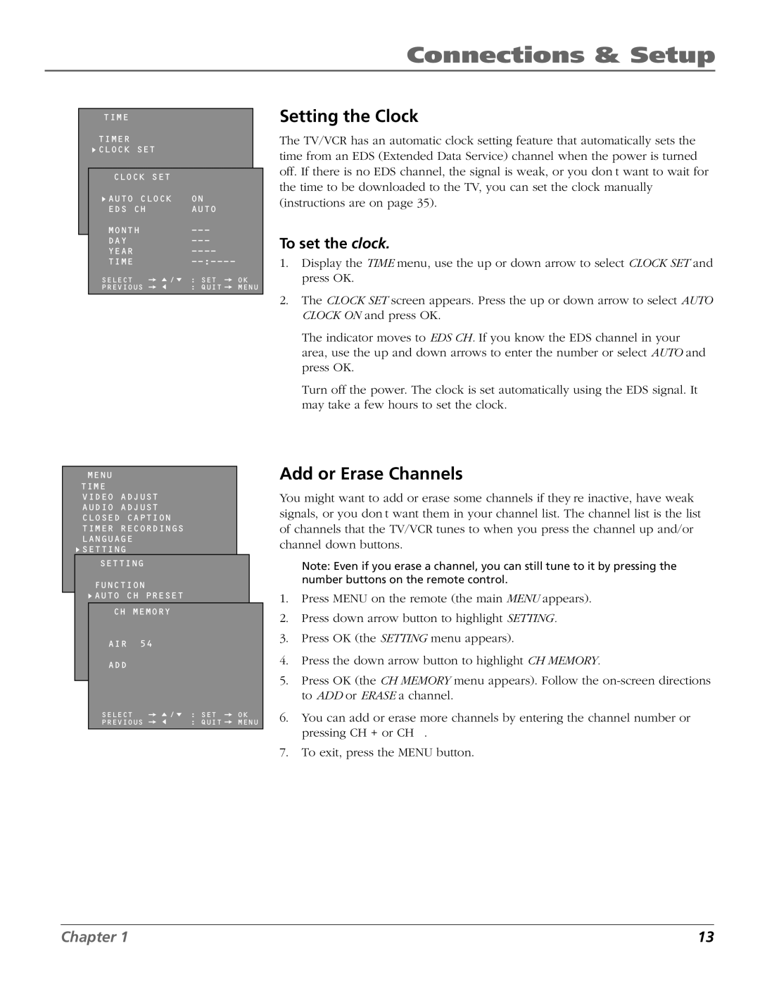 RCA TV/VCR manual Setting the Clock, Add or Erase Channels, To set the clock 