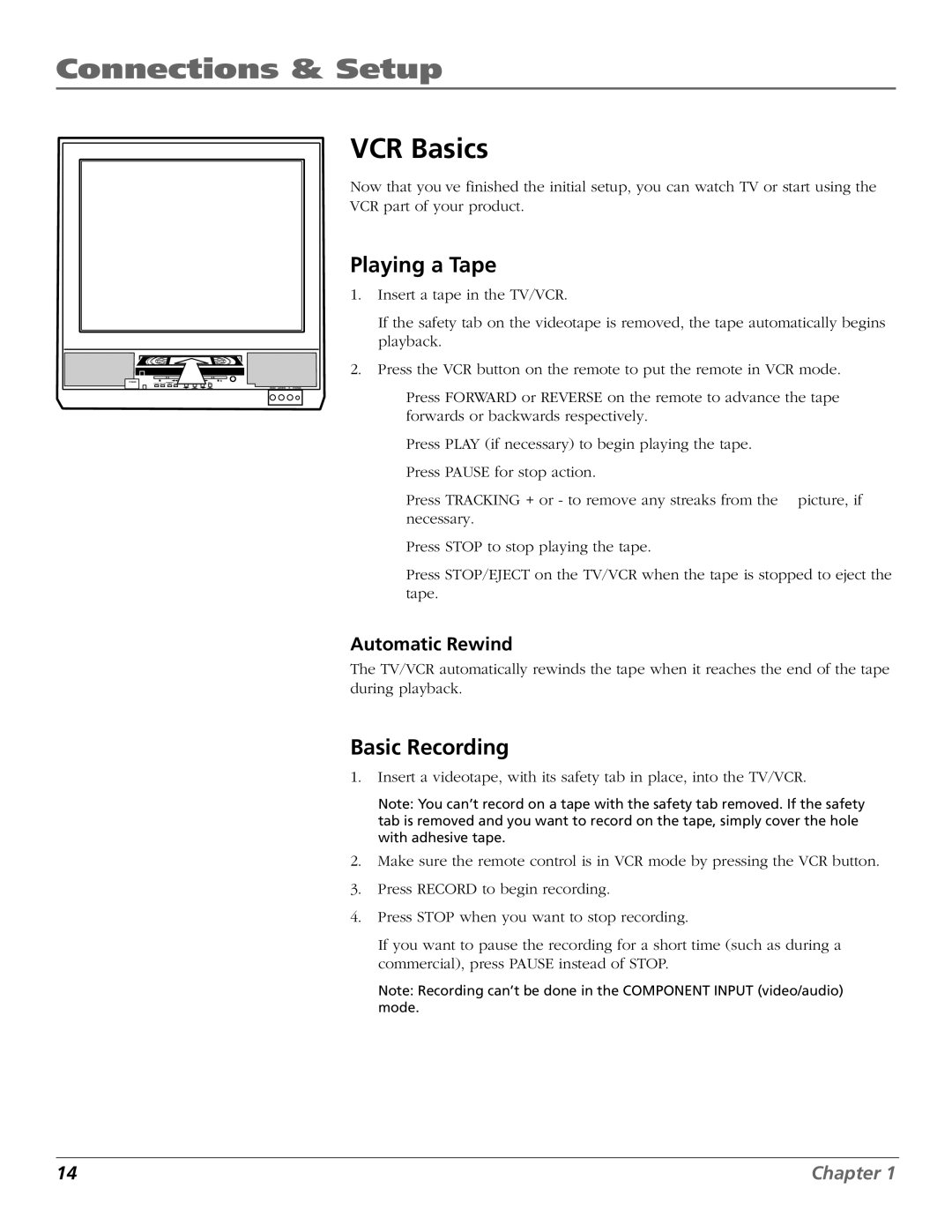 RCA TV/VCR manual VCR Basics, Playing a Tape, Basic Recording, Automatic Rewind 