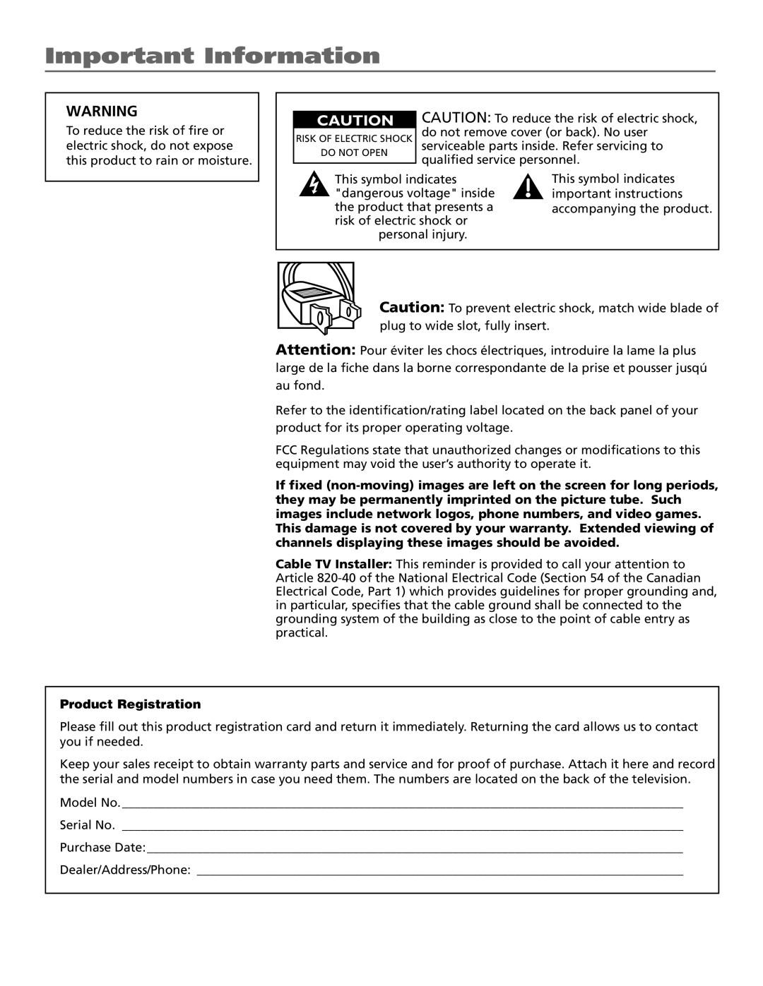 RCA TV/VCR manual Important Information, Product Registration 