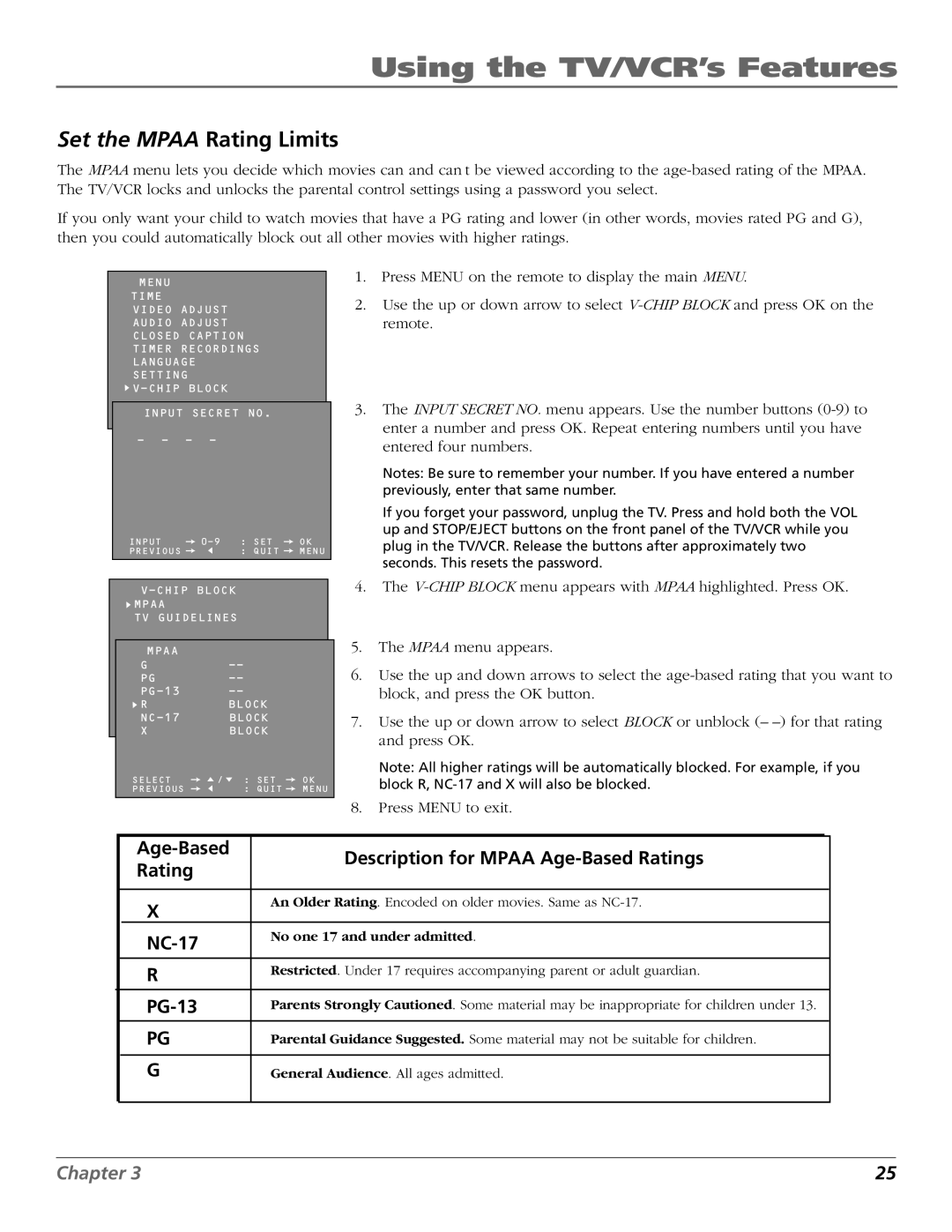 RCA TV/VCR manual Age-Based Description for Mpaa Age-Based Ratings, NC-17, PG-13 