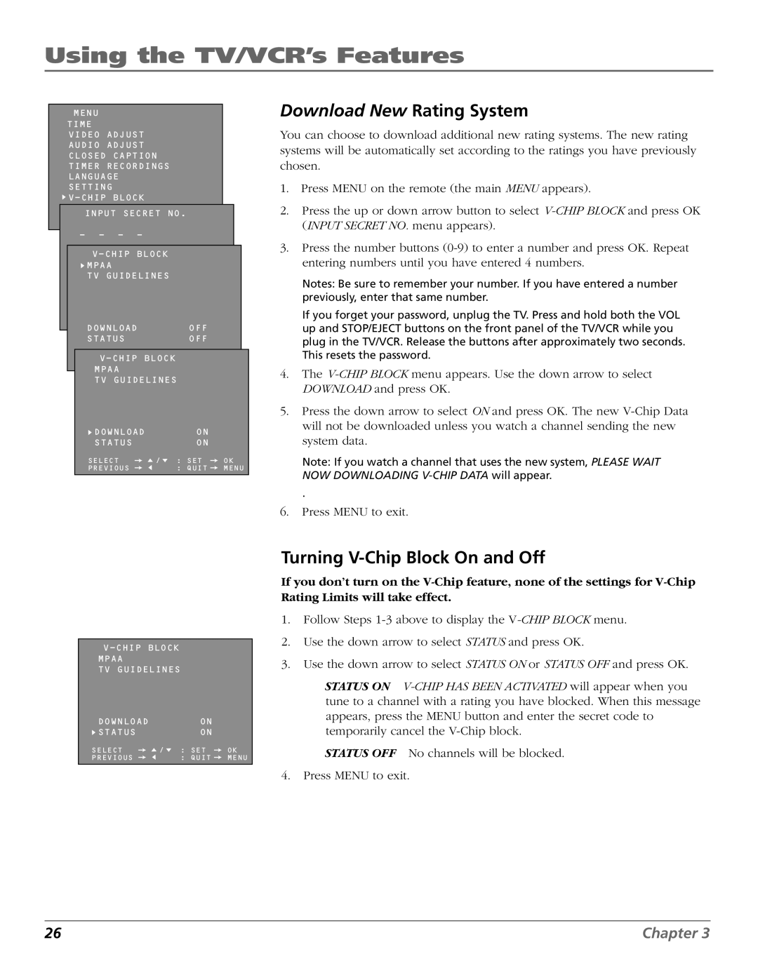 RCA TV/VCR manual Download New Rating System, Turning V-Chip Block On and Off 