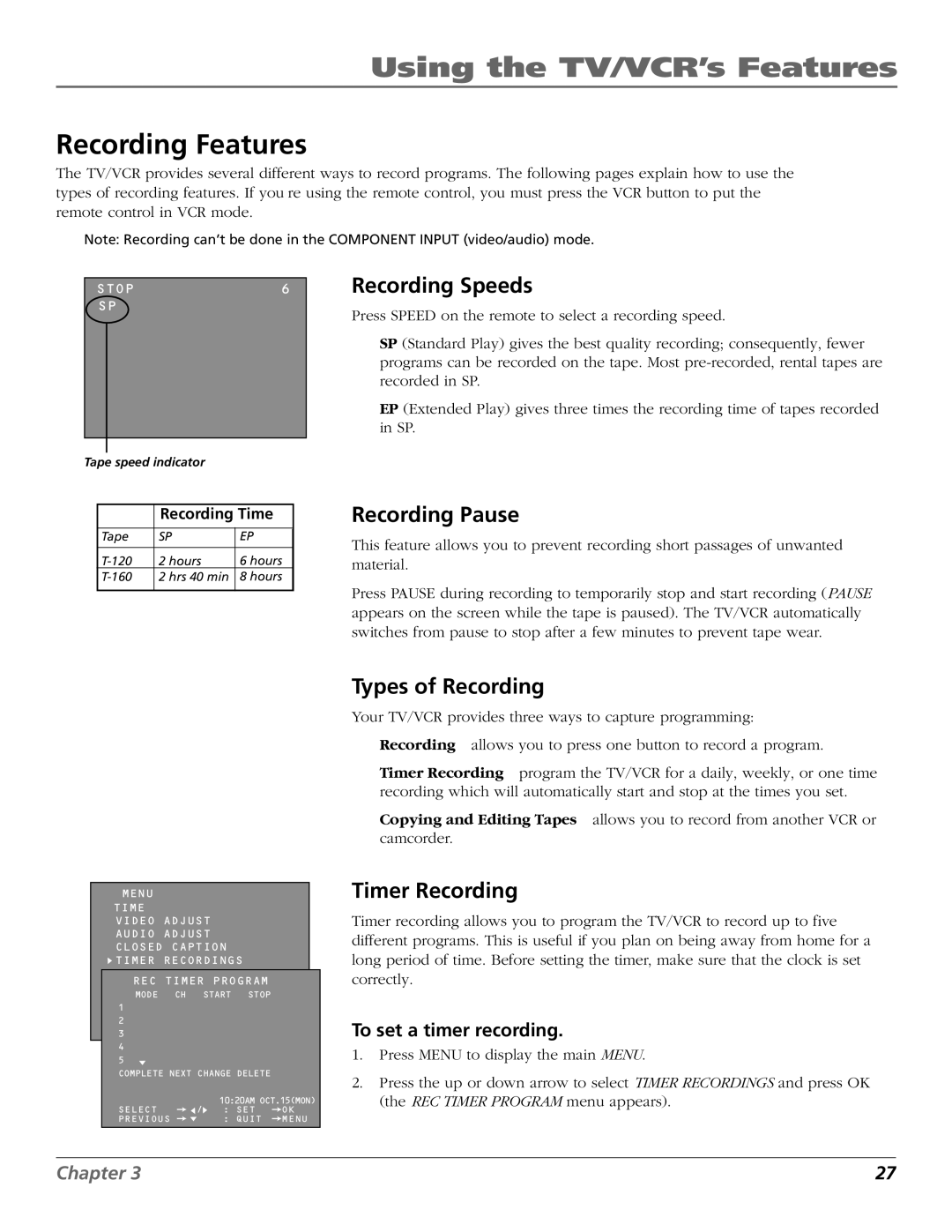 RCA TV/VCR manual Recording Features, Recording Speeds, Recording Pause, Types of Recording, Timer Recording 