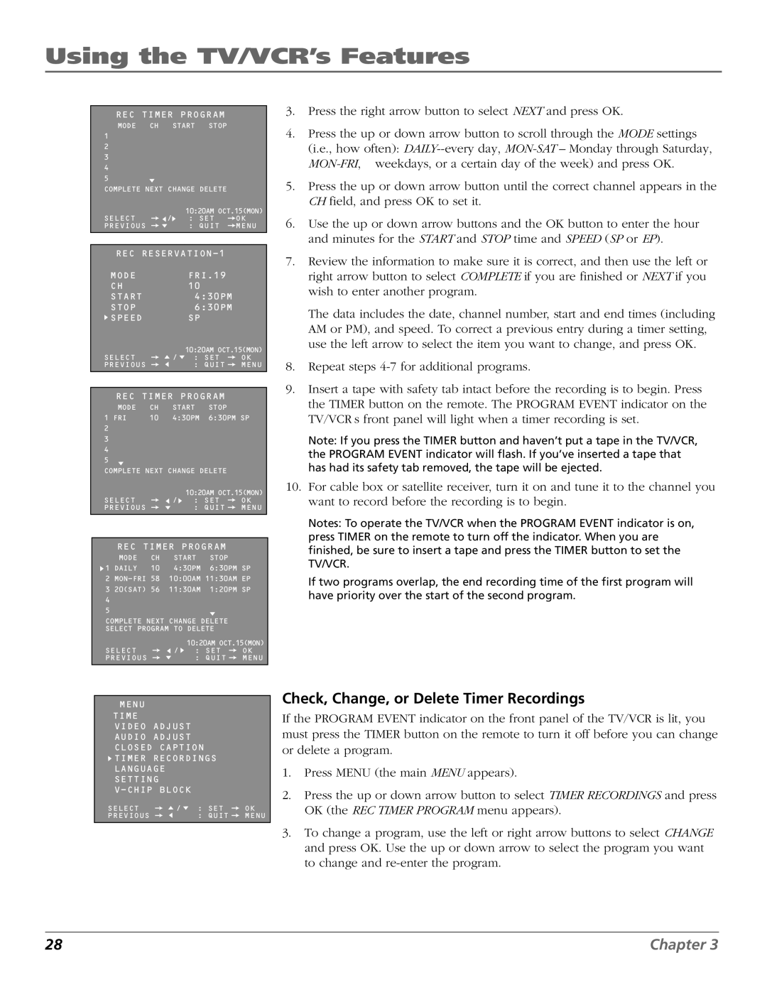 RCA TV/VCR manual Check, Change, or Delete Timer Recordings 