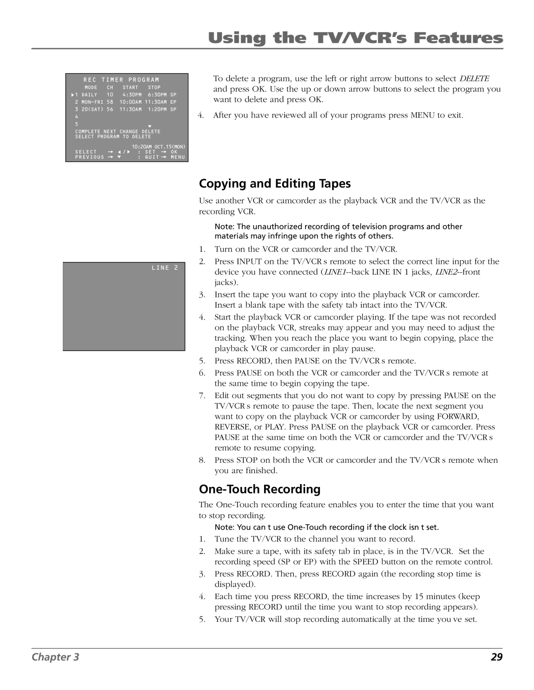 RCA TV/VCR manual Copying and Editing Tapes, One-Touch Recording 