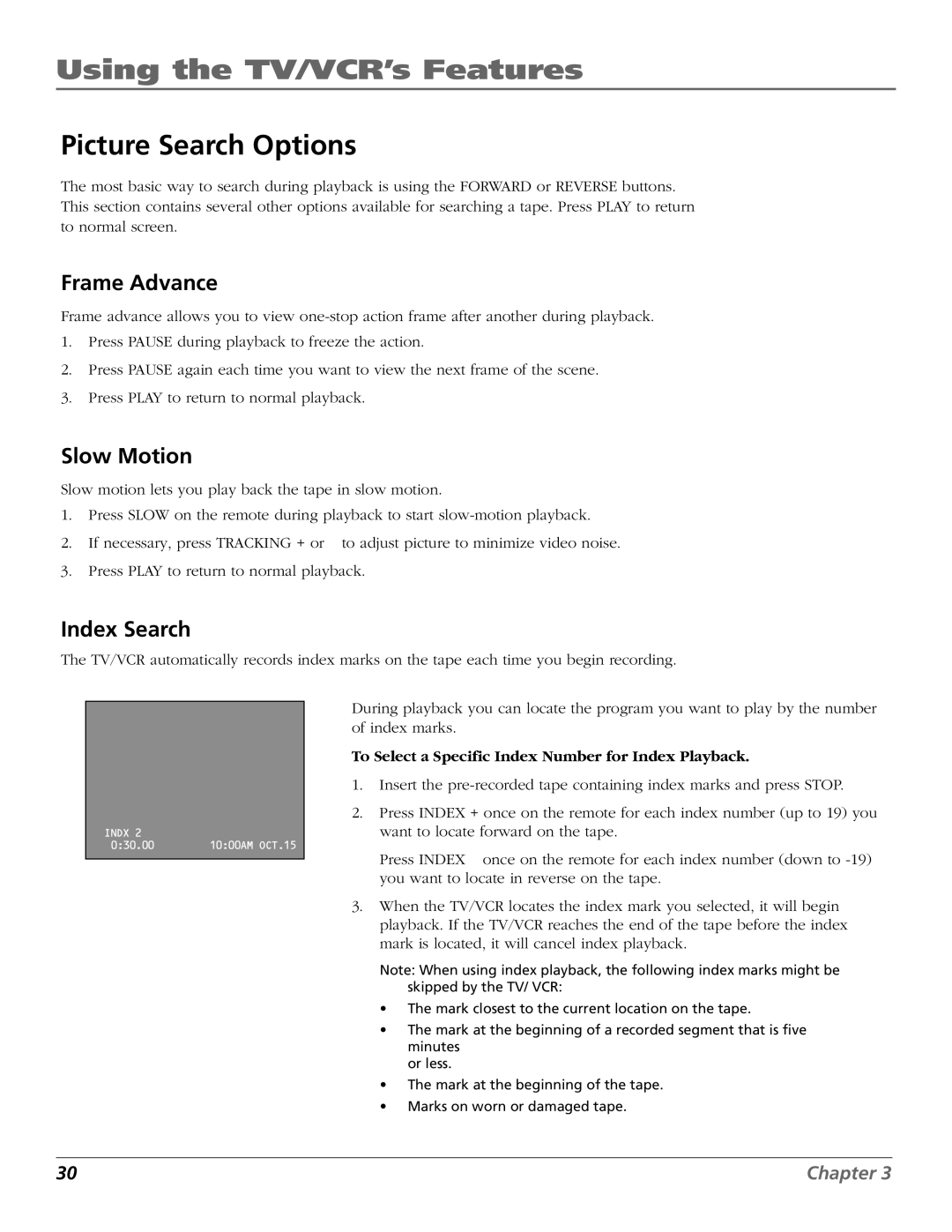 RCA TV/VCR manual Picture Search Options, Frame Advance, Slow Motion, To Select a Specific Index Number for Index Playback 